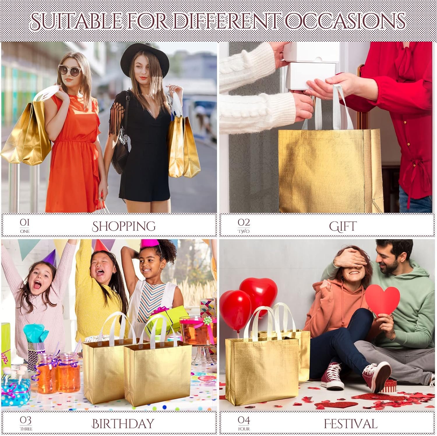 Wholesale 48 Pcs Reusable Gold Gift Bags with Handles Non Woven Glossy Grocery Tote Bulk Bridesmaid Totes for Wedding Christmas Baby Shower Birthday Party Factory