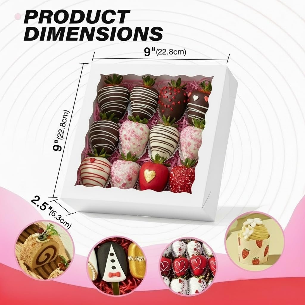 Wholesale 50-Pack 9x9x2.5 Inch White Bakery Pie Boxes with Clear Window for Chocolate Strawberries Pastries Muffins Donuts Cookies Breakable Hearts Factory