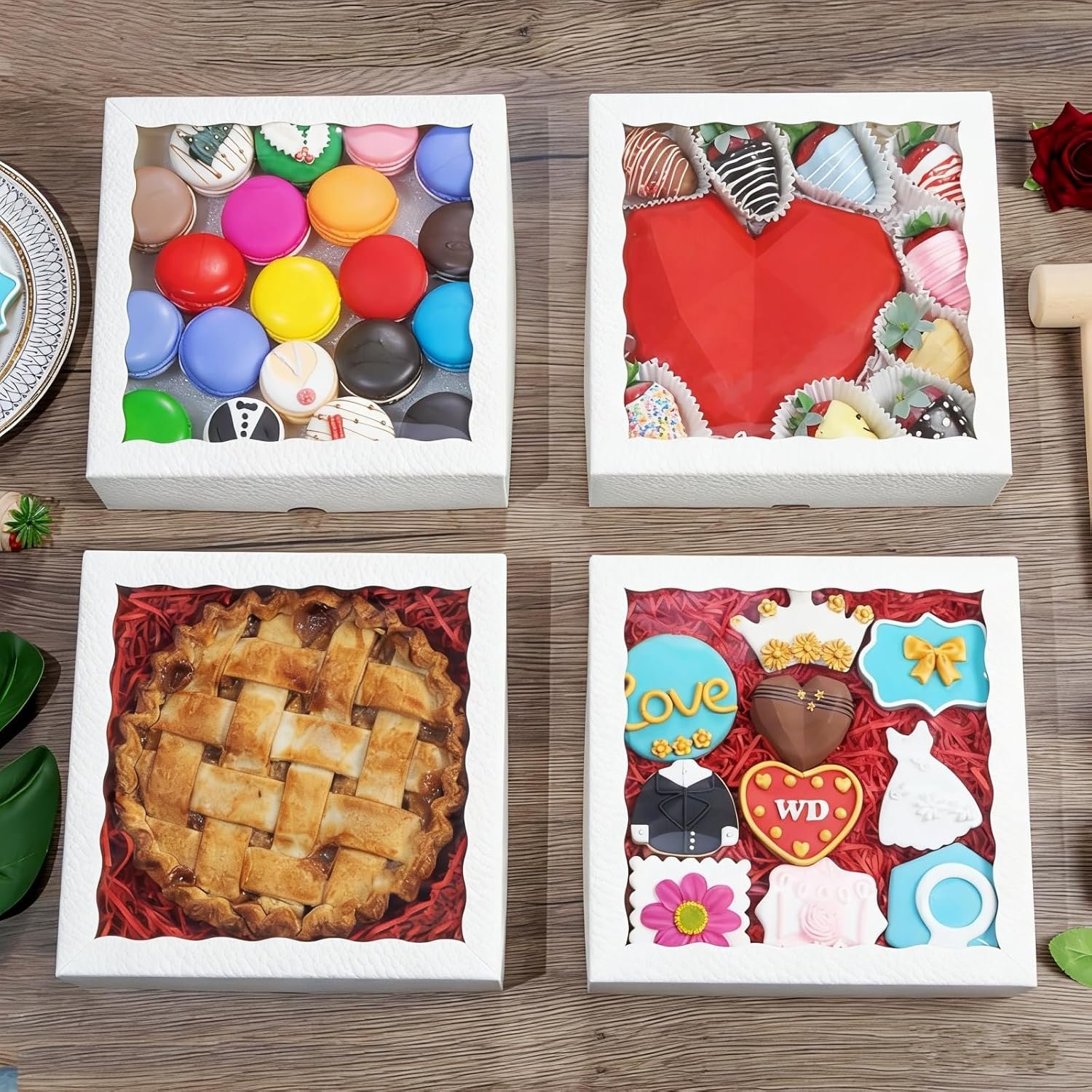 Wholesale 50-Pack 9x9x2.5 Inch White Bakery Pie Boxes with Clear Window for Chocolate Strawberries Pastries Muffins Donuts Cookies Breakable Hearts Factory