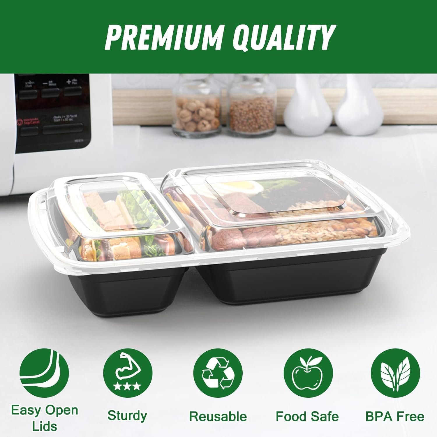 Wholesale 28 oz 2-Compartment Meal Prep Containers 50 Pack 100 Pieces Reusable Plastic Food Storage with Lids Sturdy Leakproof Food-Safe Microwave Freezer Dishwasher Safe Black To-Go Takeout Factory