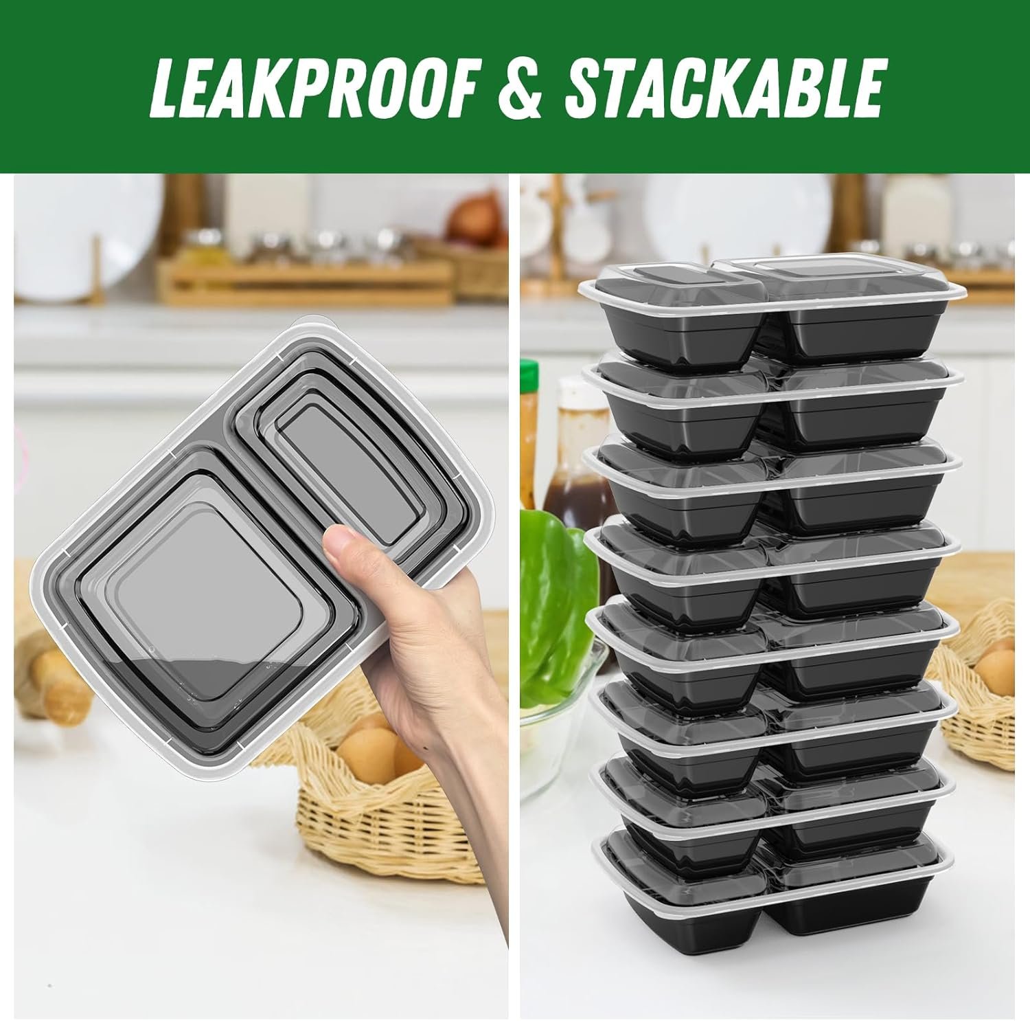 Wholesale 28 oz 2-Compartment Meal Prep Containers 50 Pack 100 Pieces Reusable Plastic Food Storage with Lids Sturdy Leakproof Food-Safe Microwave Freezer Dishwasher Safe Black To-Go Takeout Factory