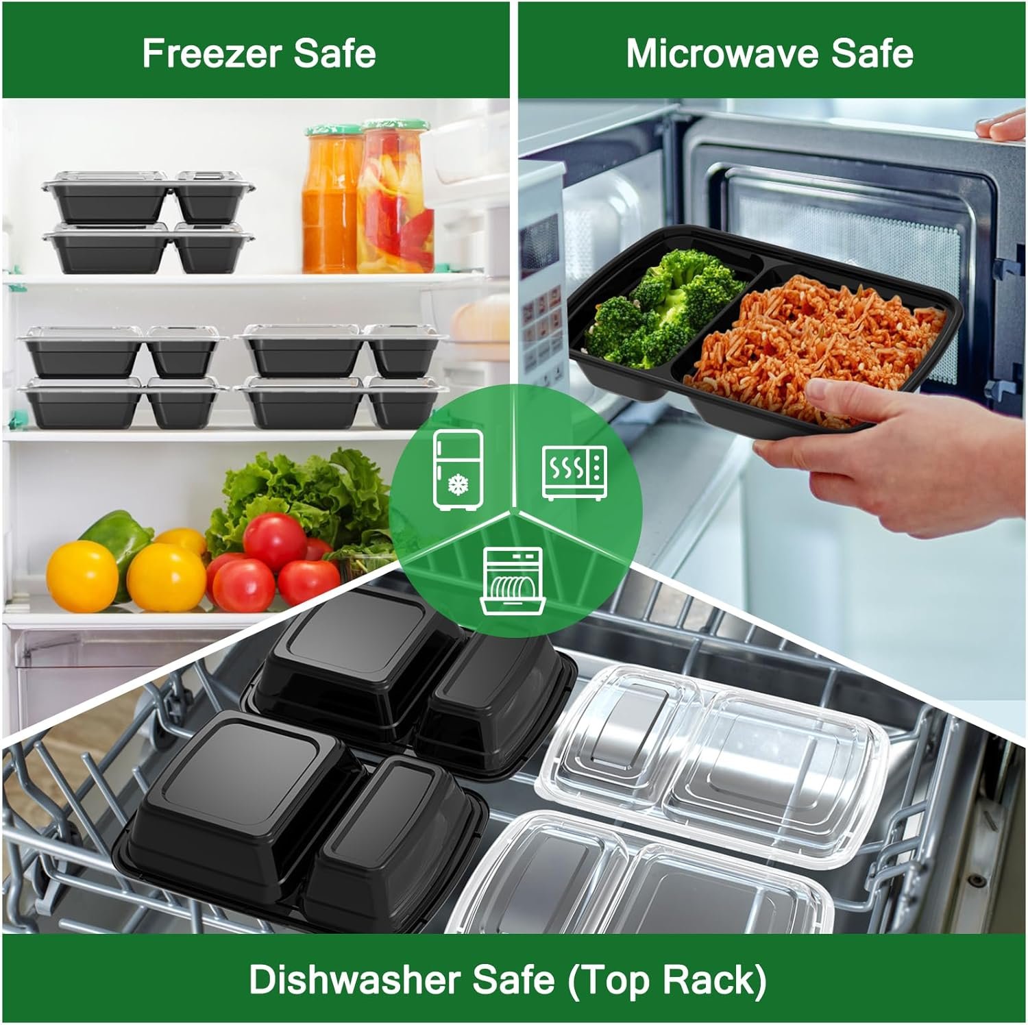 Wholesale 28 oz 2-Compartment Meal Prep Containers 50 Pack 100 Pieces Reusable Plastic Food Storage with Lids Sturdy Leakproof Food-Safe Microwave Freezer Dishwasher Safe Black To-Go Takeout Factory