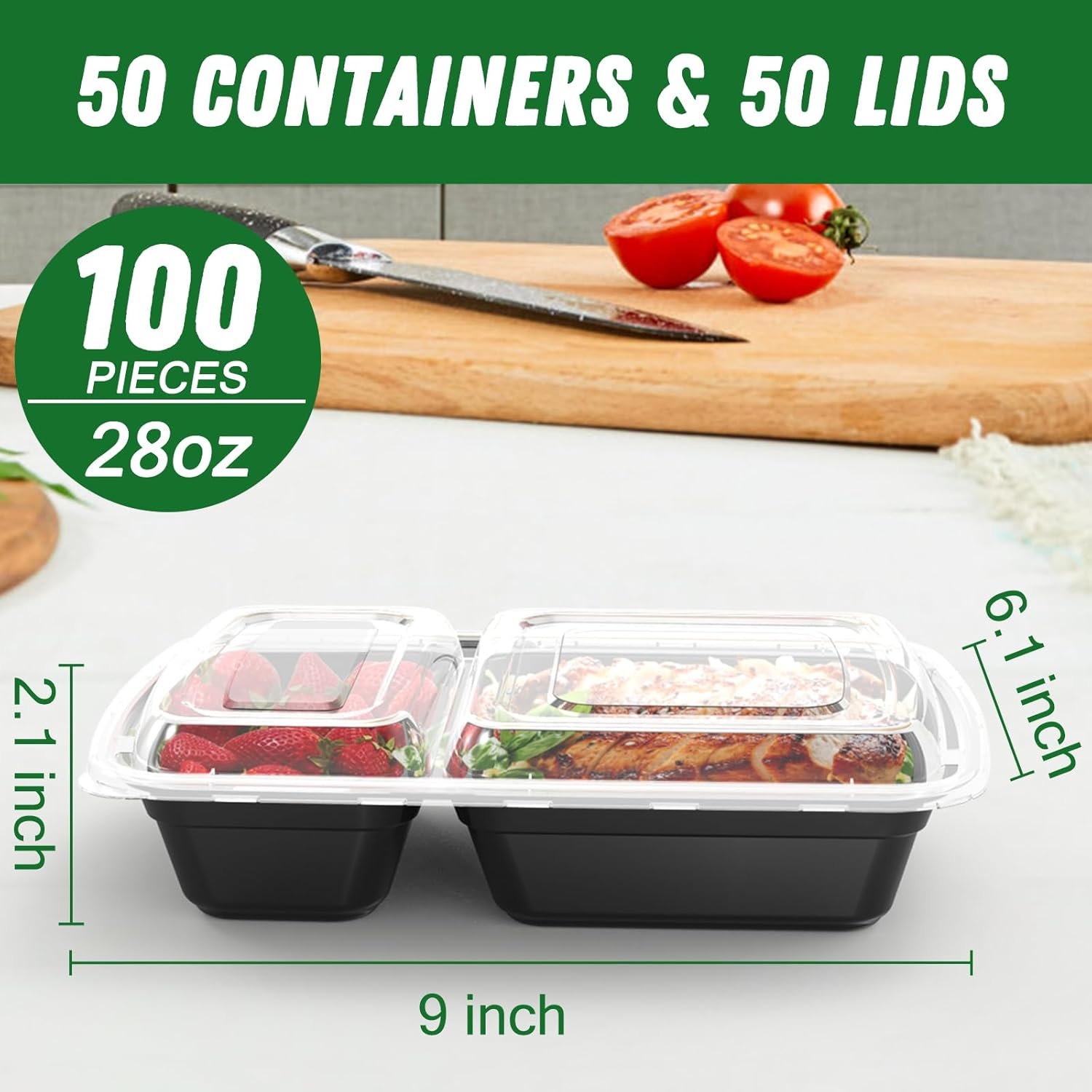 Wholesale 28 oz 2-Compartment Meal Prep Containers 50 Pack 100 Pieces Reusable Plastic Food Storage with Lids Sturdy Leakproof Food-Safe Microwave Freezer Dishwasher Safe Black To-Go Takeout Factory