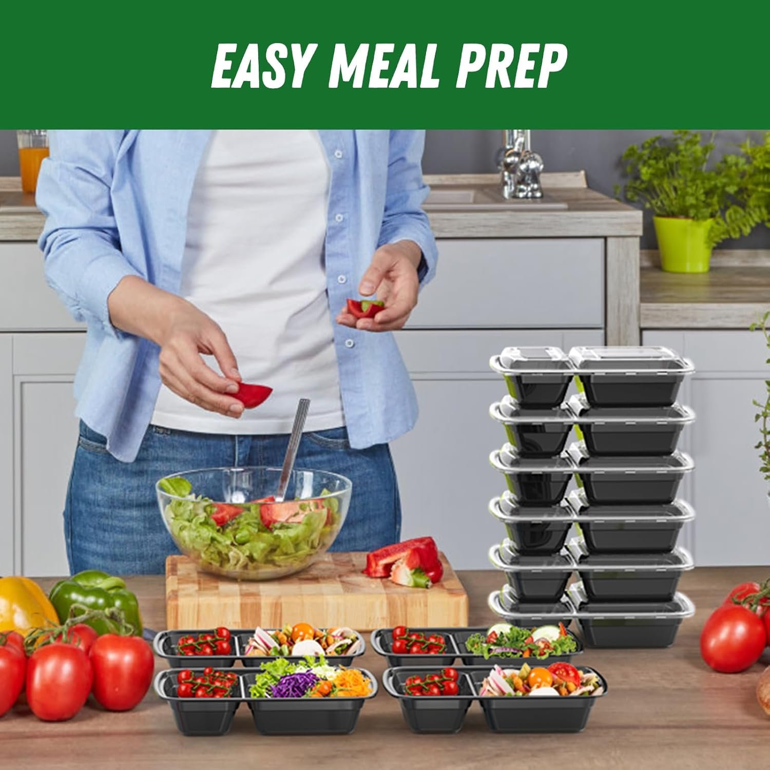 Wholesale 28 oz 2-Compartment Meal Prep Containers 50 Pack 100 Pieces Reusable Plastic Food Storage with Lids Sturdy Leakproof Food-Safe Microwave Freezer Dishwasher Safe Black To-Go Takeout Factory
