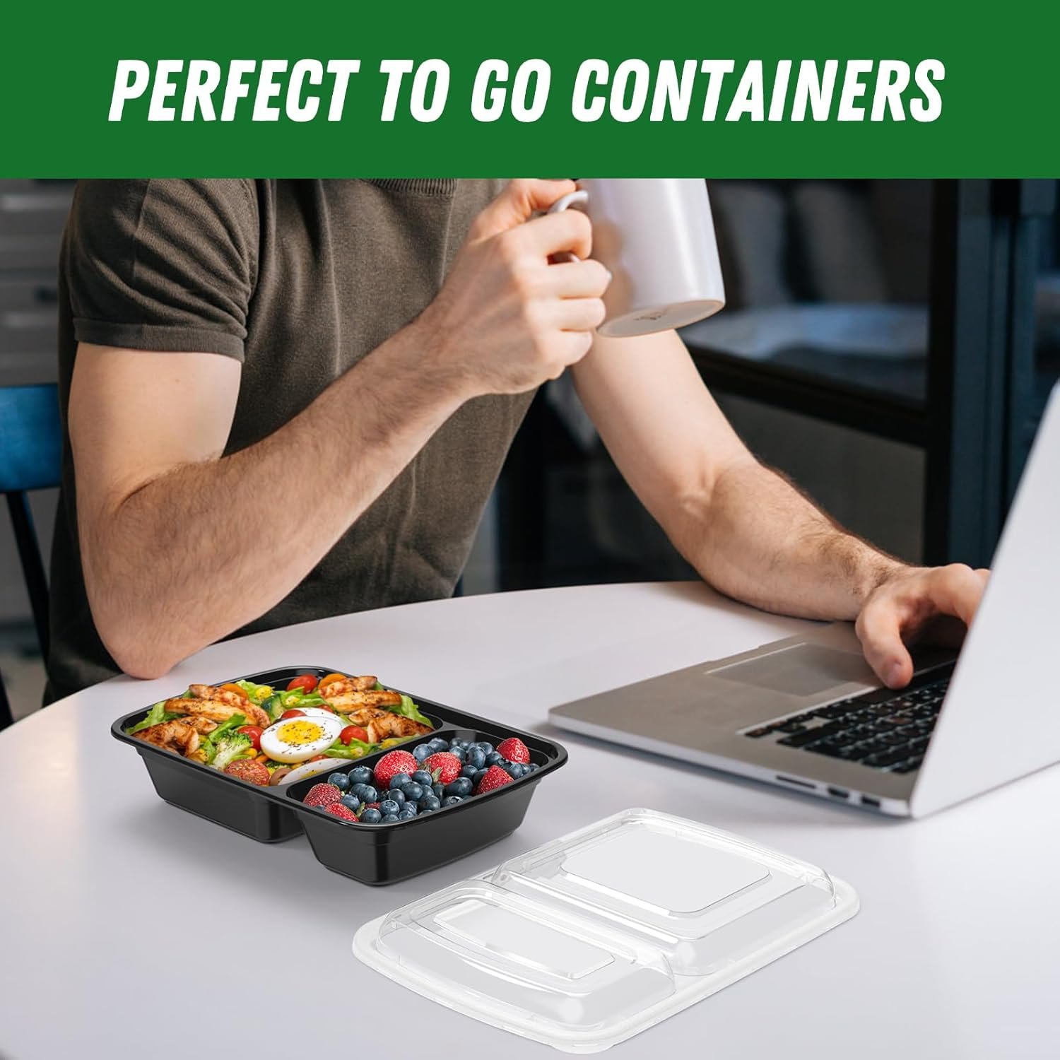 Wholesale 28 oz 2-Compartment Meal Prep Containers 50 Pack 100 Pieces Reusable Plastic Food Storage with Lids Sturdy Leakproof Food-Safe Microwave Freezer Dishwasher Safe Black To-Go Takeout Factory