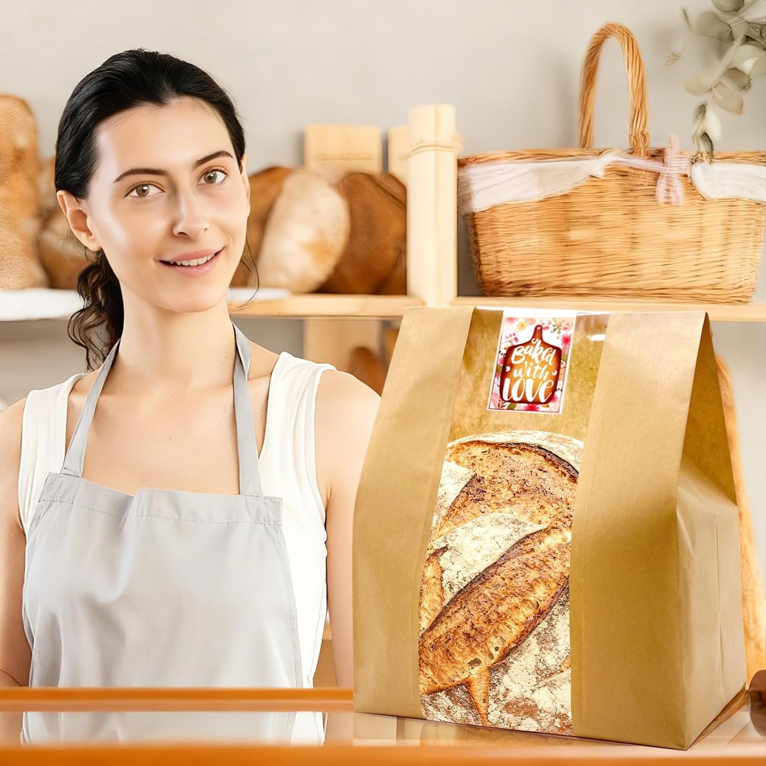 Wholesale 15.7x10.2x5.1 Inch Extra Large Paper Bread Bags with Window and Sticker for Homemade Sourdough Oversized Loaves Baked Goods Gifting Packaging Brown Kraft 25 Pack Factory
