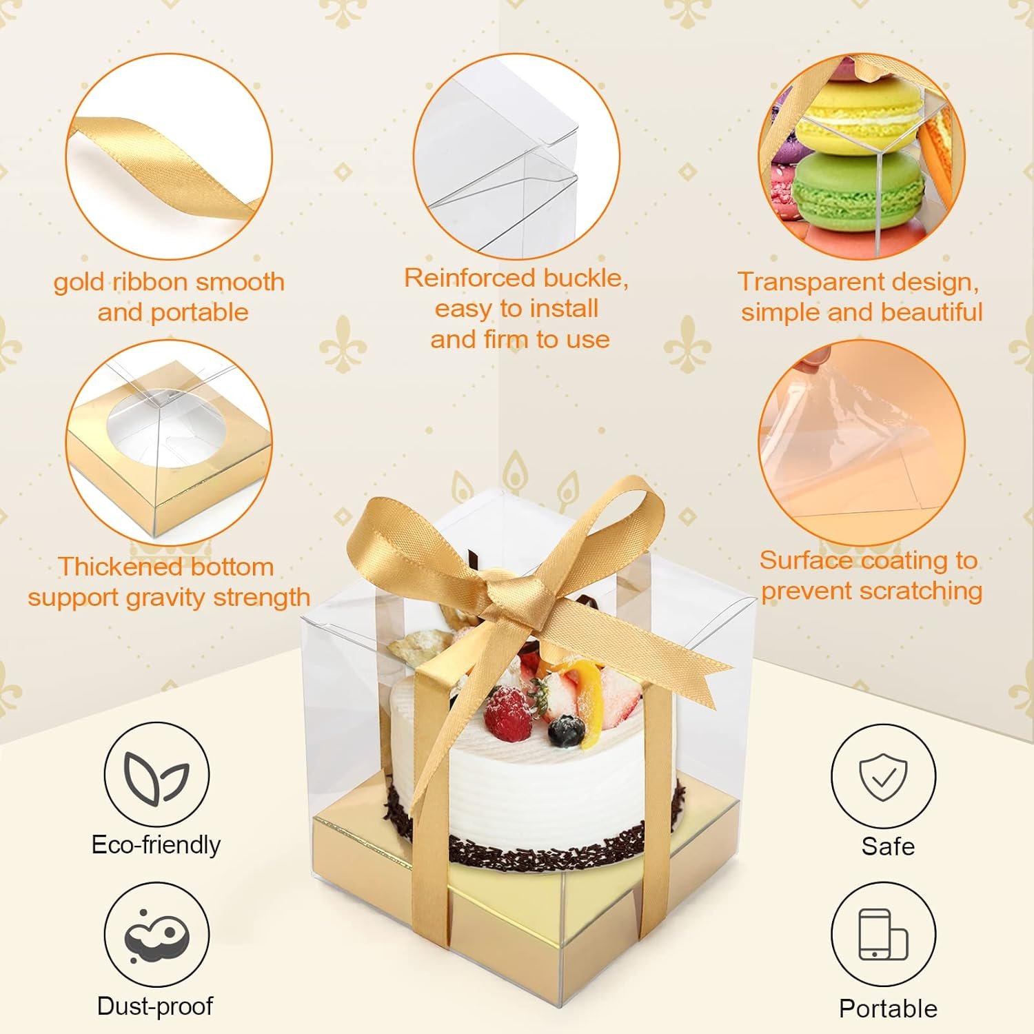 Wholesale 12 Pack 3.5 Inch Clear Plastic Single Cupcake Boxes Gold Disposable Containers with Inserts and Ribbon Factory Wholesale 12 Pack 3.5 Inch Clear Plastic Single Cupcake Boxes Gold Disposable Containers with Inserts and Ribbon Factory