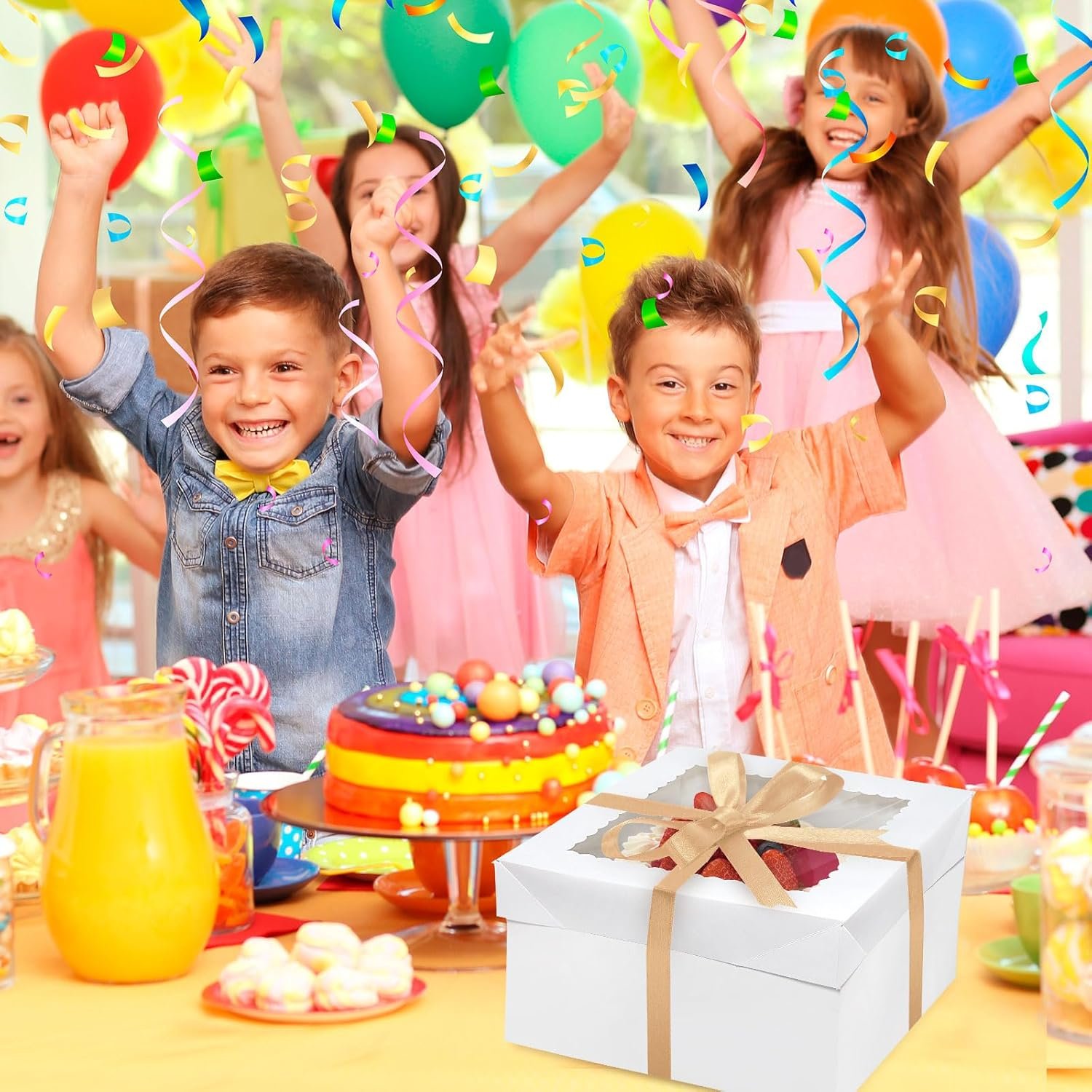 Wholesale 6PCS 10x10x8 Inch Cake Boxes with Boards 3 Window Boxes 3 Inserts 70ft Silk Ribbon Large Square Baking Factory