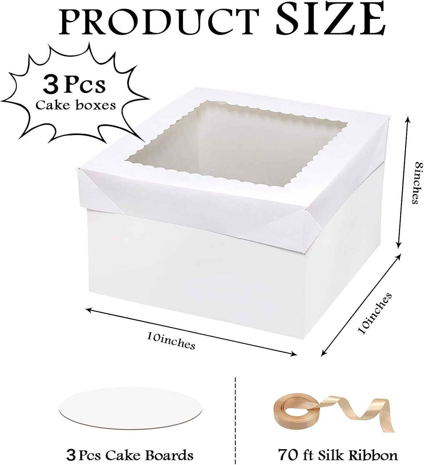 Wholesale 6PCS 10x10x8 Inch Cake Boxes with Boards 3 Window Boxes 3 Inserts 70ft Silk Ribbon Large Square Baking Factory