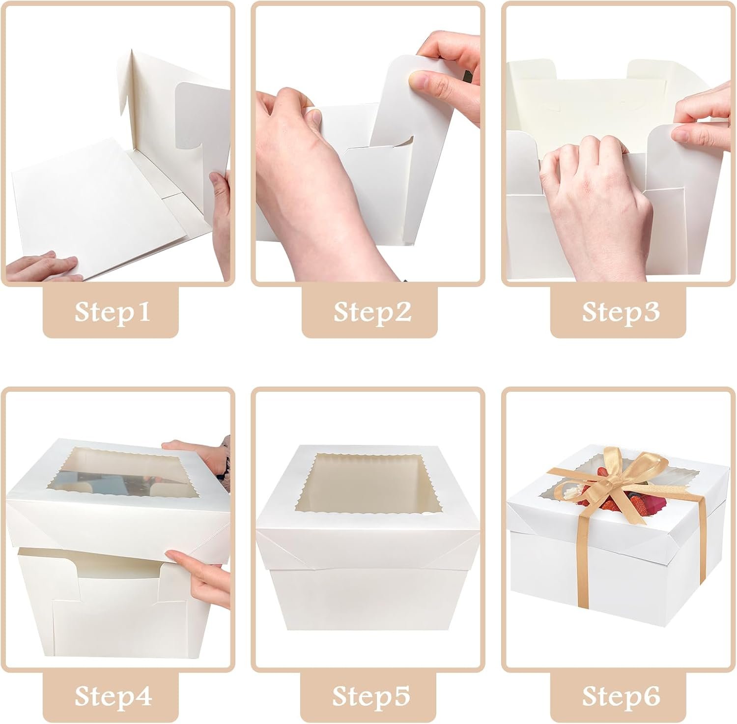 Wholesale 6PCS 10x10x8 Inch Cake Boxes with Boards 3 Window Boxes 3 Inserts 70ft Silk Ribbon Large Square Baking Factory