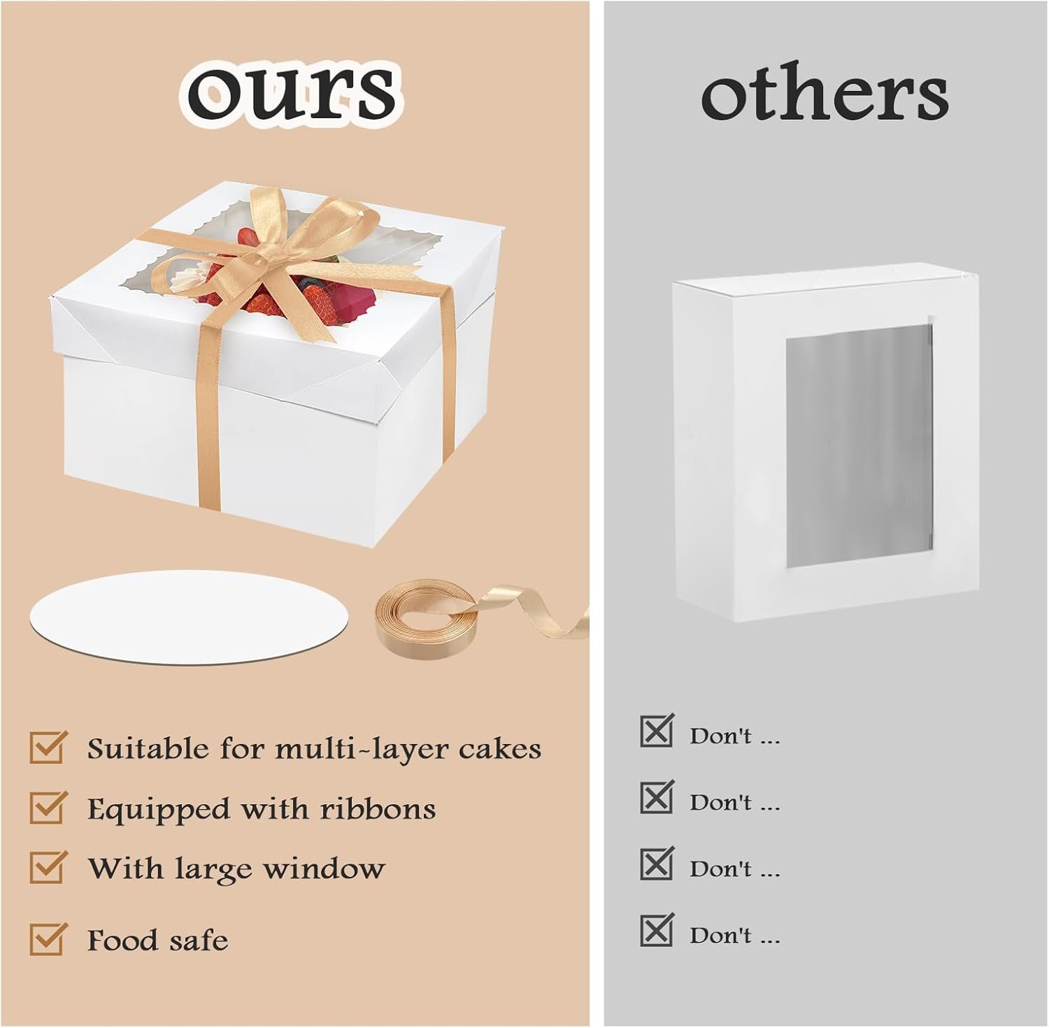 Wholesale 6PCS 10x10x8 Inch Cake Boxes with Boards 3 Window Boxes 3 Inserts 70ft Silk Ribbon Large Square Baking Factory