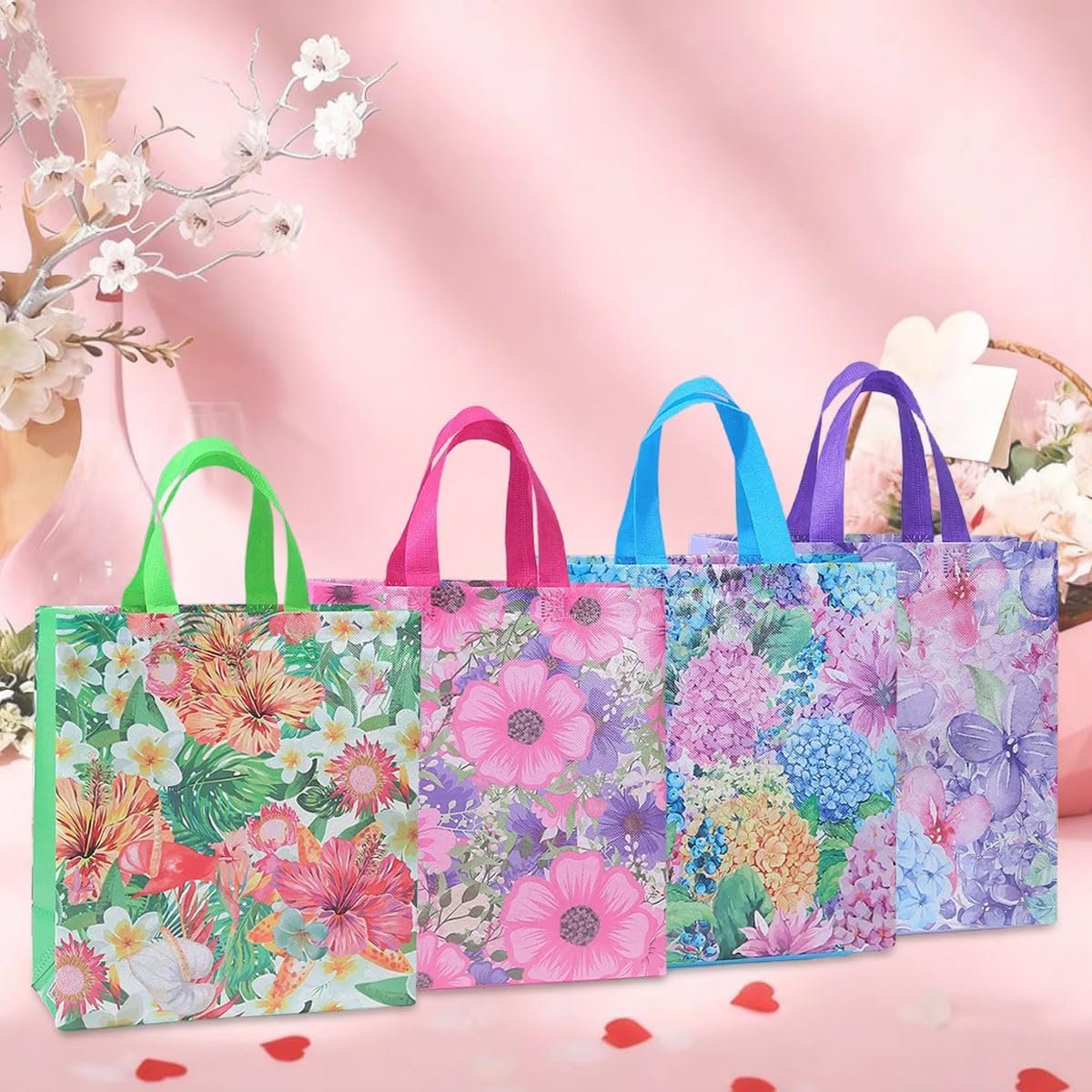 Wholesale 12pcs Flower Pattern Non Woven Reusable Shopping Bags with Handles for Kids Adults Birthday Mothers Day Baby Shower Wedding Thank You Gifts Factory