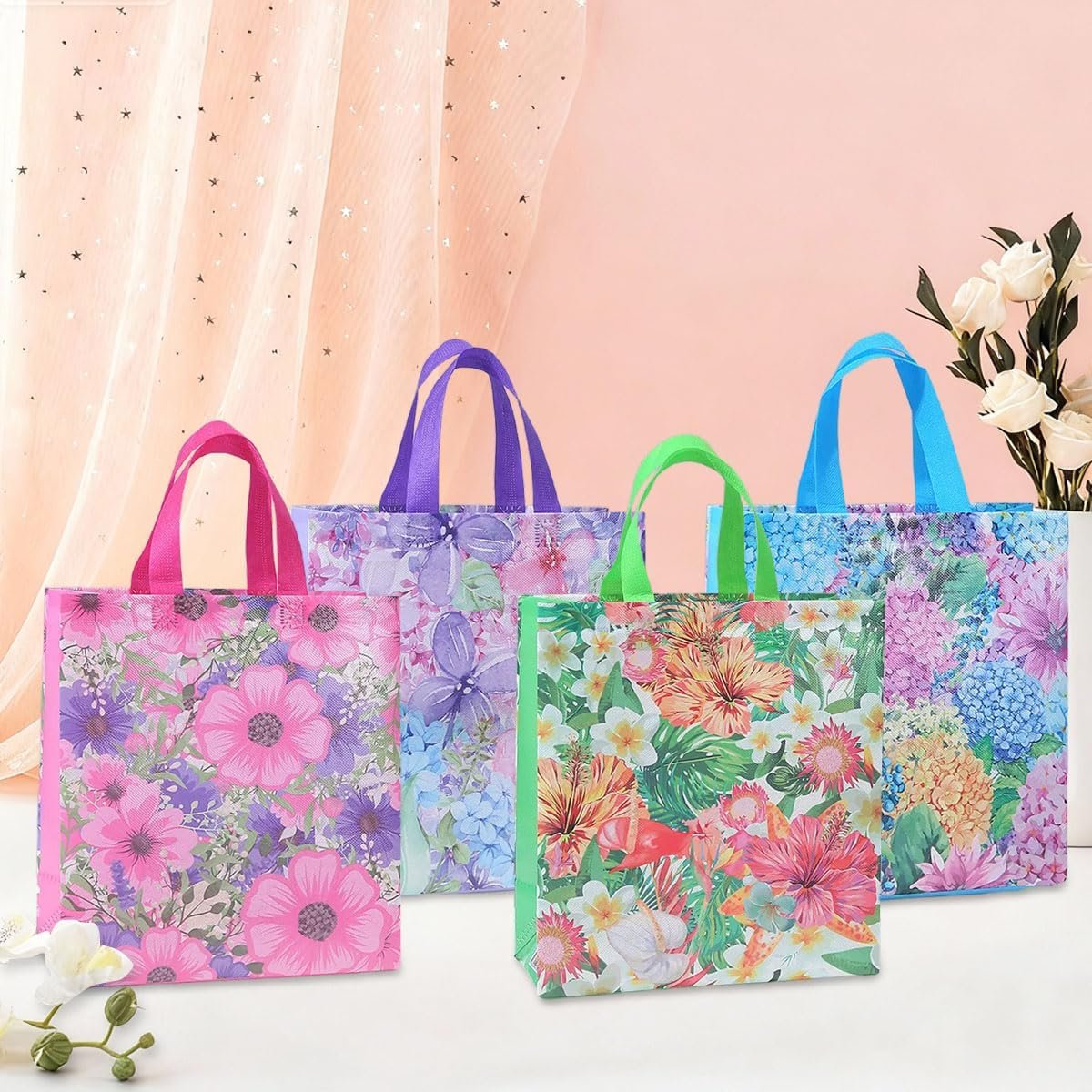 Wholesale 12pcs Flower Pattern Non Woven Reusable Shopping Bags with Handles for Kids Adults Birthday Mothers Day Baby Shower Wedding Thank You Gifts Factory