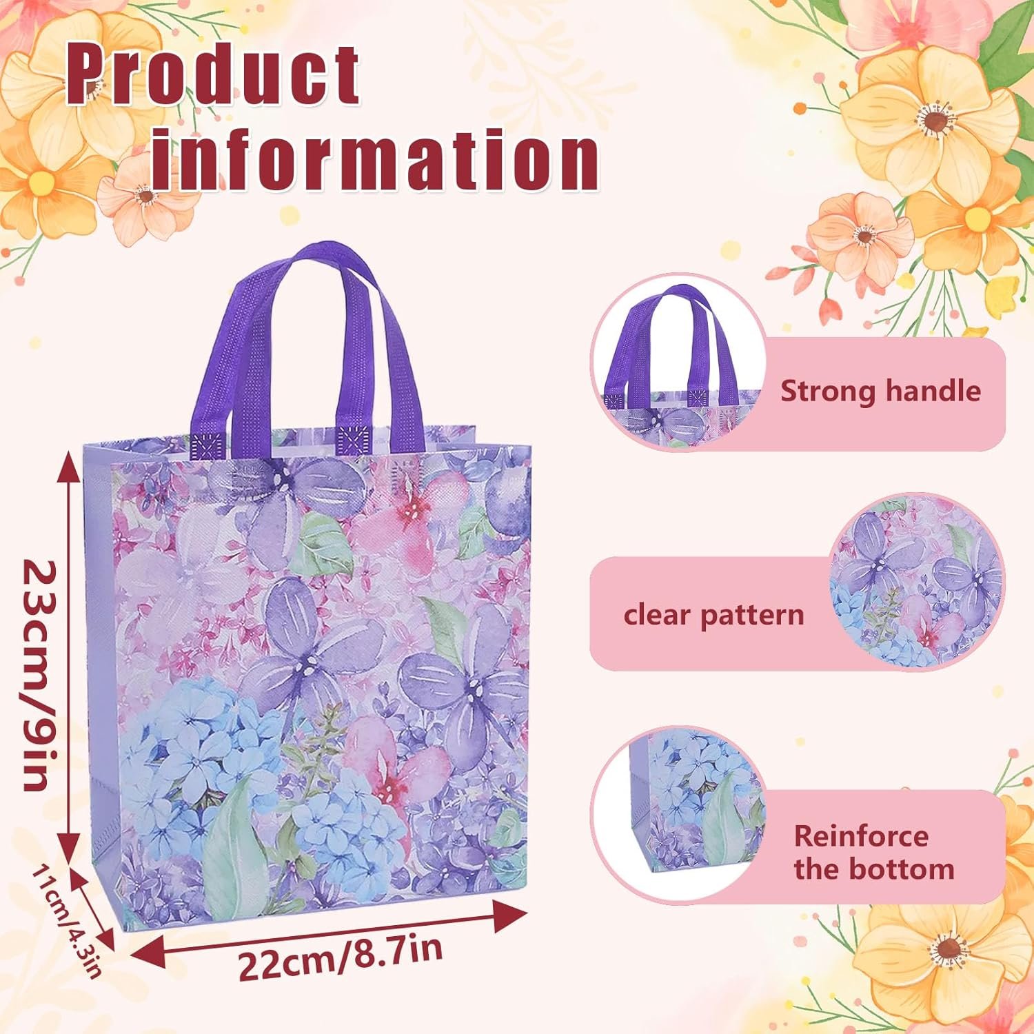 Wholesale 12pcs Flower Pattern Non Woven Reusable Shopping Bags with Handles for Kids Adults Birthday Mothers Day Baby Shower Wedding Thank You Gifts Factory