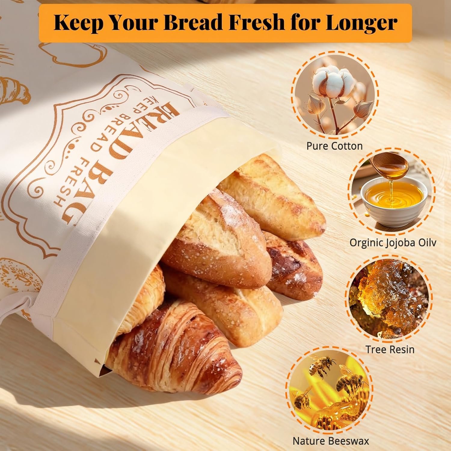 OEM 2-Pack Reusable Beeswax Bread Bags for Sourdough Homemade Bread Organic Linen Cotton Lining Natural Storage Keep Fresh Upgraded XL Capacity Portable Eco-Friendly Factory