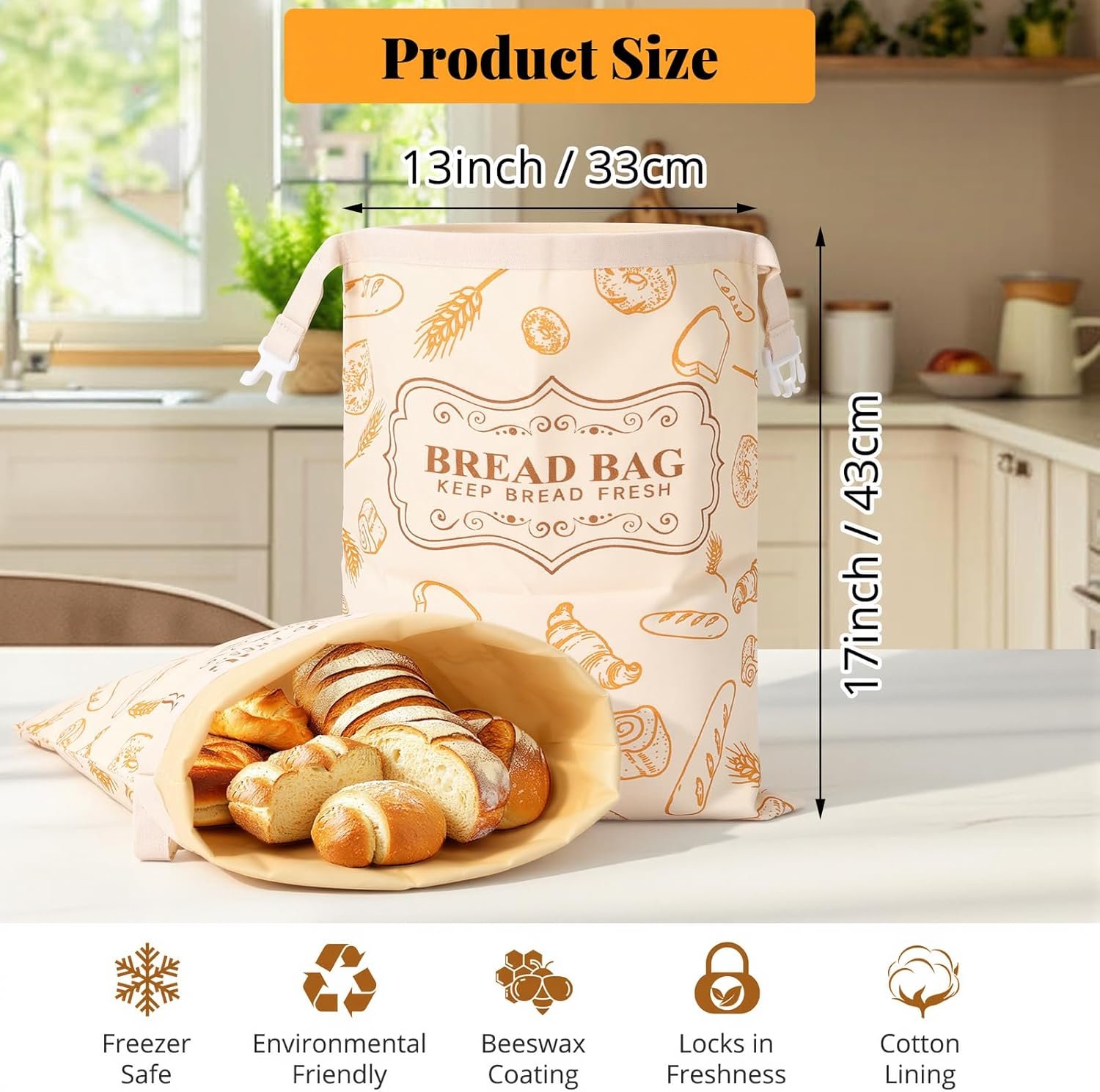 OEM 2-Pack Reusable Beeswax Bread Bags for Sourdough Homemade Bread Organic Linen Cotton Lining Natural Storage Keep Fresh Upgraded XL Capacity Portable Eco-Friendly Factory