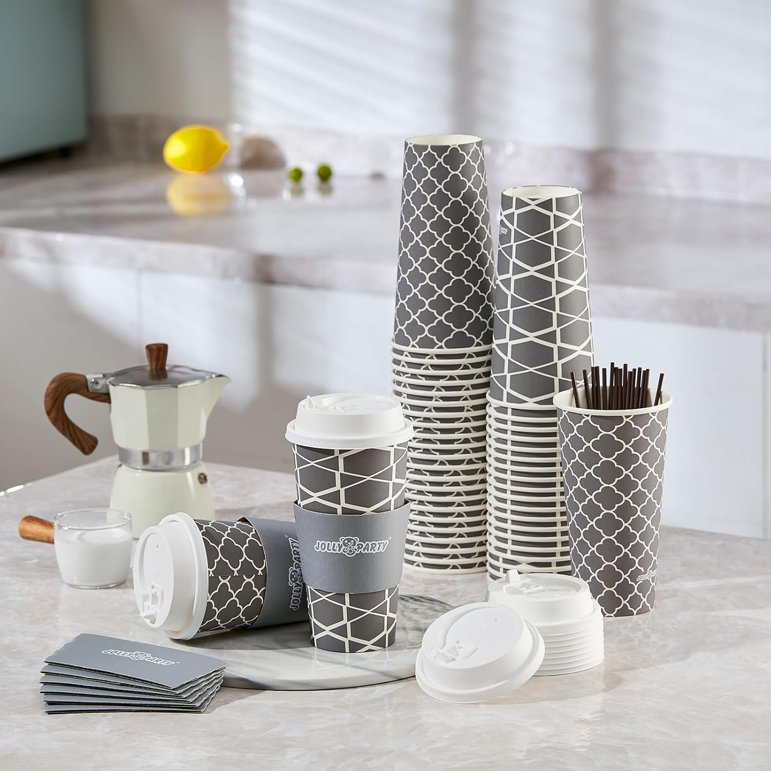 Wholesale 100 Sets 20 oz Disposable Paper Coffee Cups with Lids Sleeves Straws for Hot Cold Beverages Water Tea To-Go Office Travel Factory