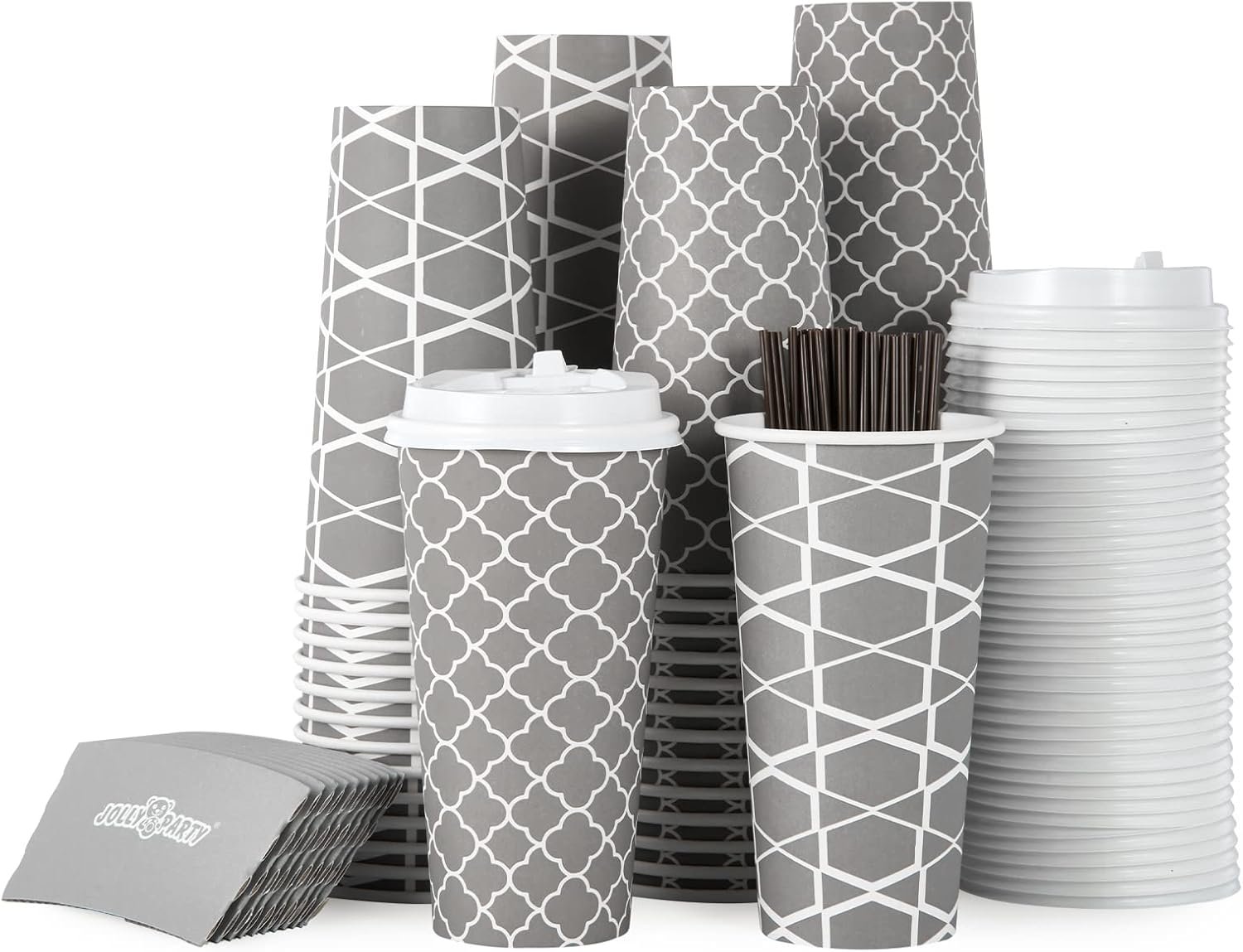 JOLLY PARTY [100 Sets] 20 oz Paper Coffee Cups, Disposable Coffee Cups with Lids,Sleeves and Straws, Hot Cold Beverage Drinking Cup for Water, Coffee or Tea, To-Go Cup Suitable for Office and Travel