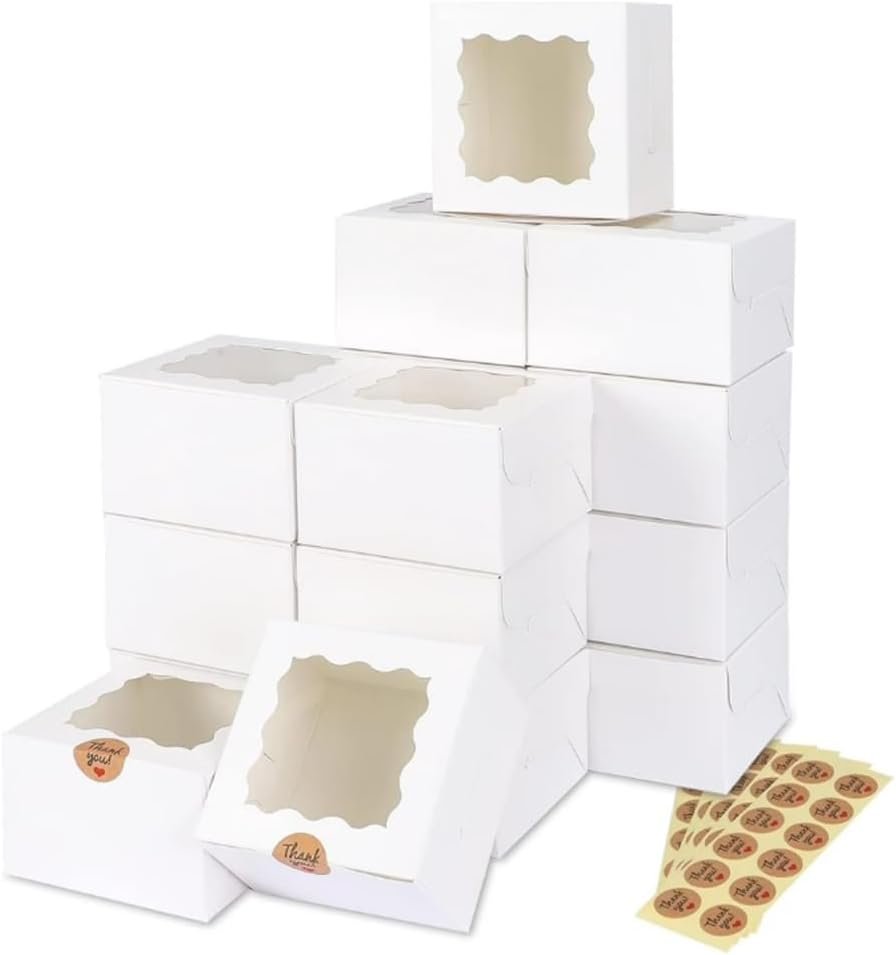 4x4x2.5 Cookie Boxes with Window, White Bakery Boxes Clear Window, 4" Mini Treat Boxes for Cake, Treat, Dessert, Pastry, Donuts, Macaroon, Strawberries Chocolate & Candy, 50 Pack