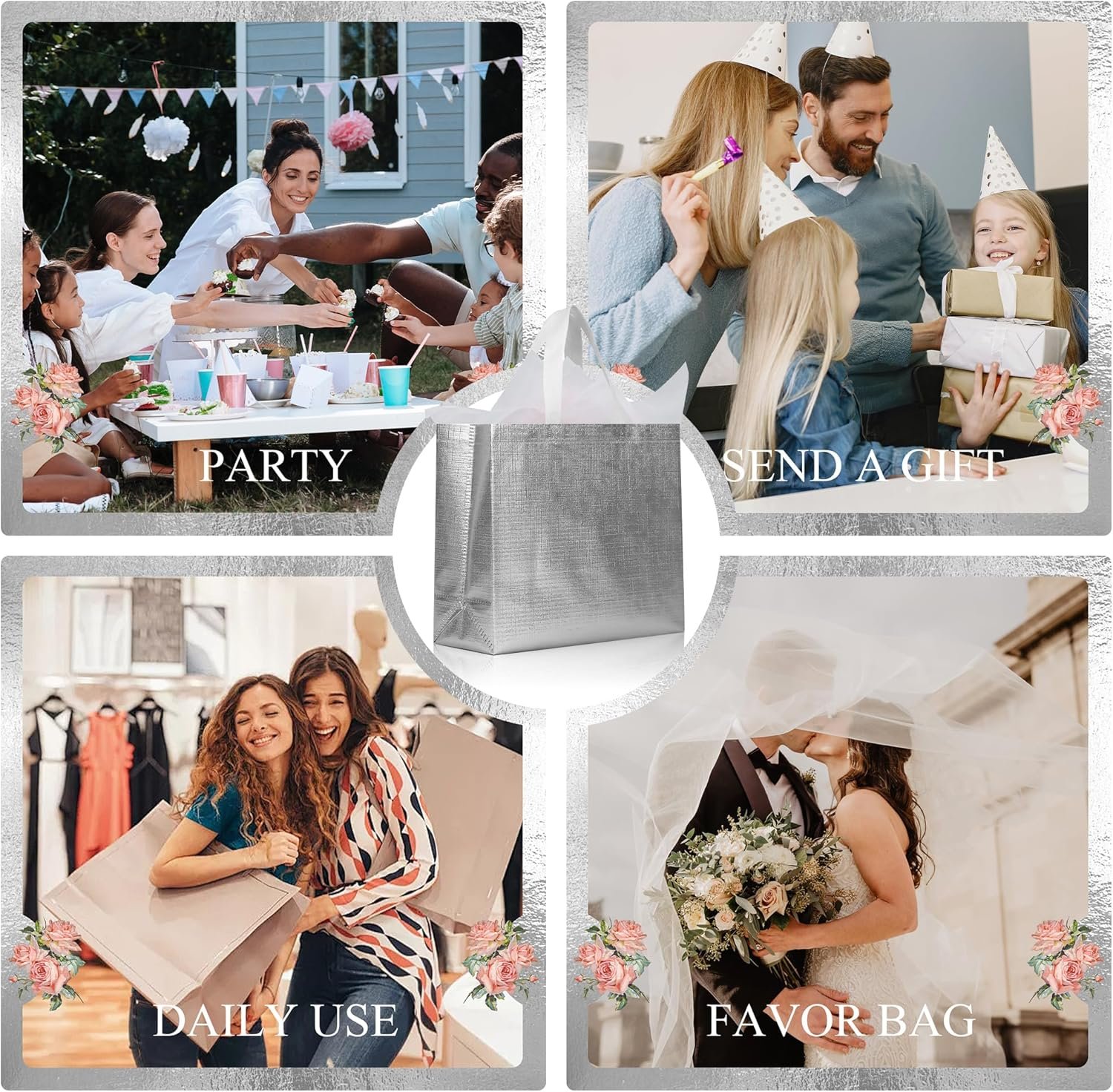 Wholesale 25 Pcs Silver Reusable Gift Bags with Metallic Design Non-Woven Bulk with Handles Glossy for Wrapping Gifts Birthdays Weddings Parties Graduations 12.6x4.7x11 Inches Factory