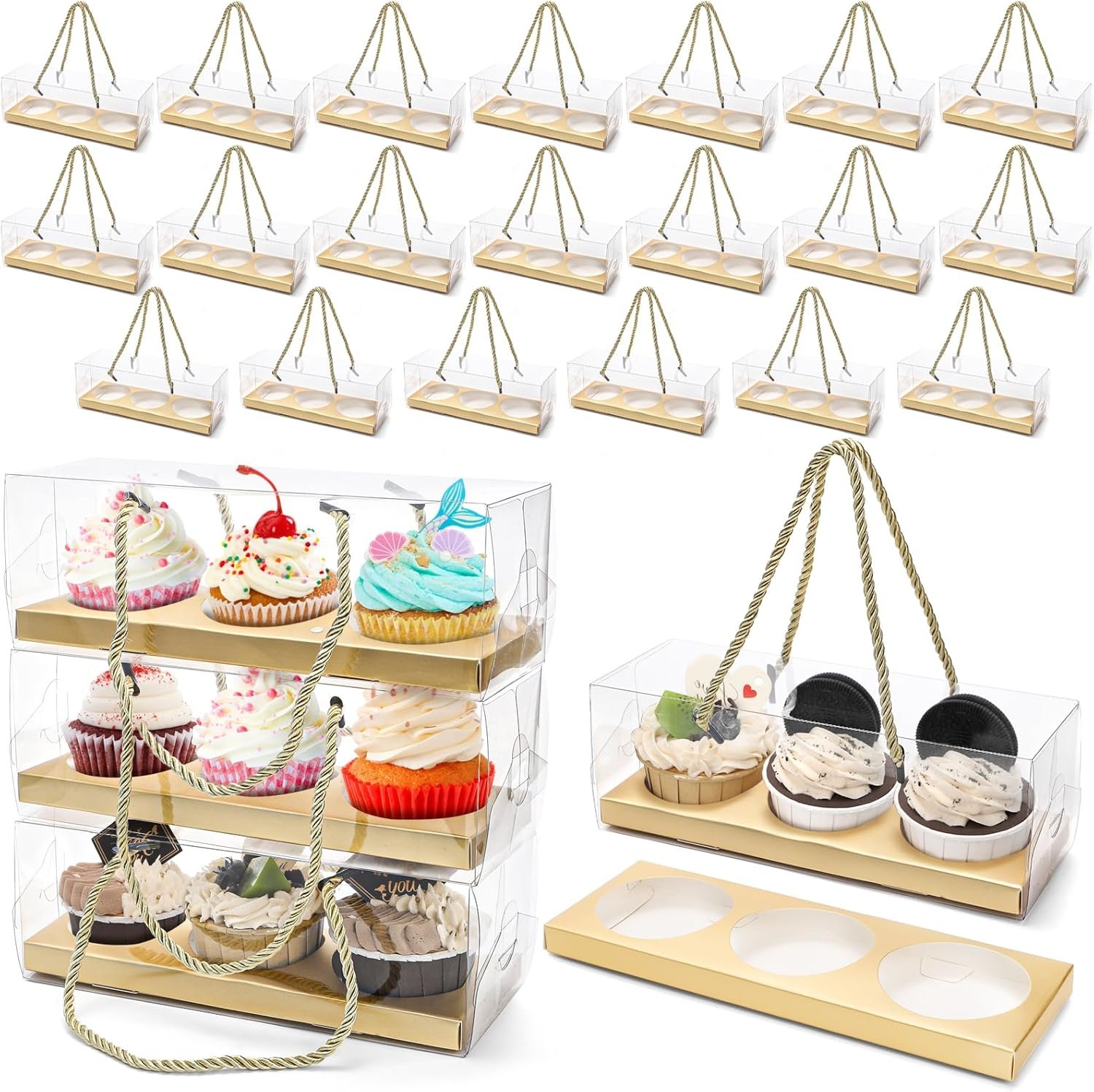 Coloch 24 Pack Clear Cupcake Box with Handle, 9 x 3 x 3 In 3 Count Plastic Cupcake Container Baked Dessert Box, for Cupcake, Dessert, Muffins, Party, Wedding