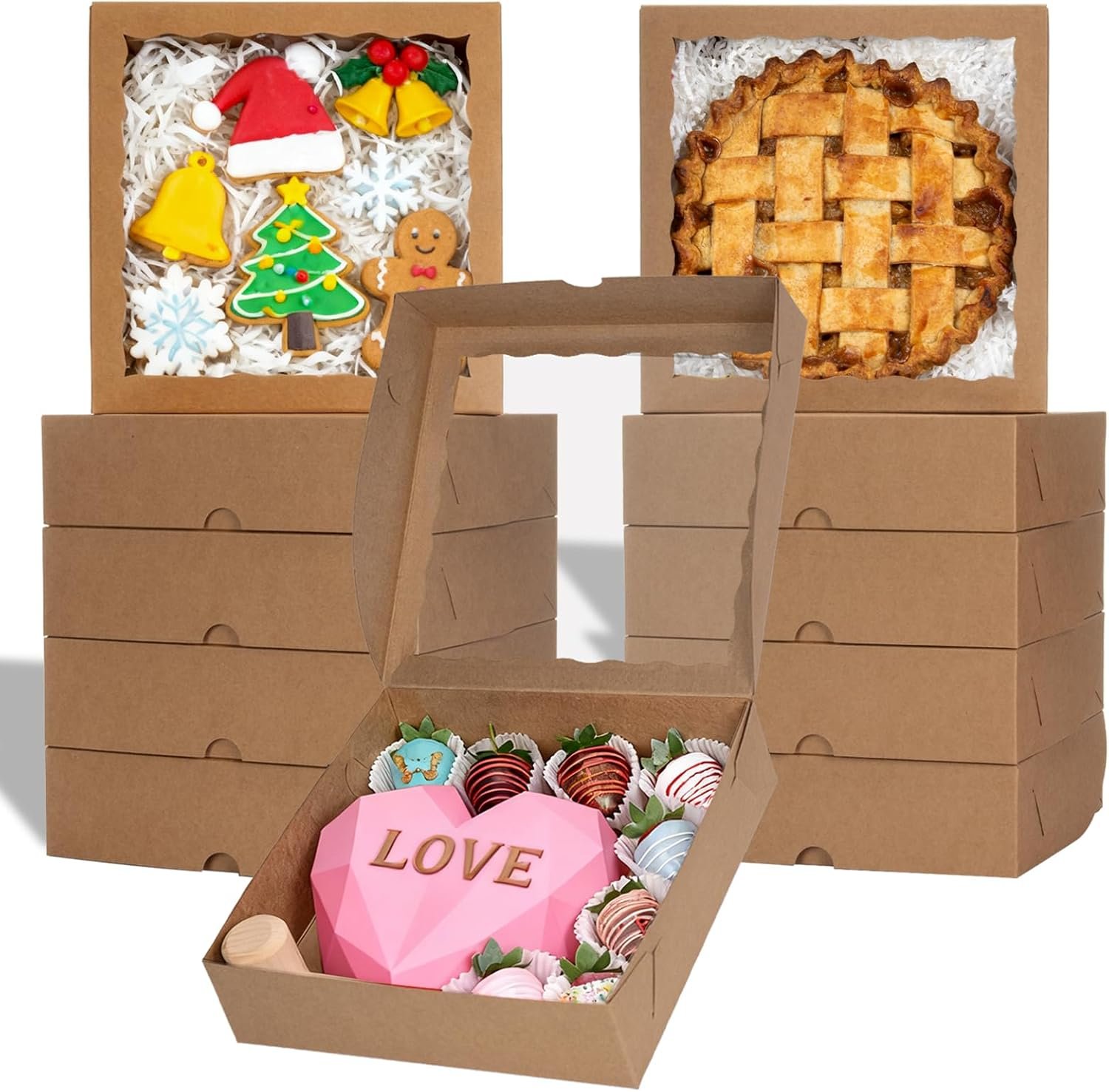 Brown Bakery Boxes with Window (36pcs, 9x9x2.5 Inch) for Christmas: Ideal for Pie, Cookies, Chocolate Covered Strawberries, Breakable Heart & Charcuterie