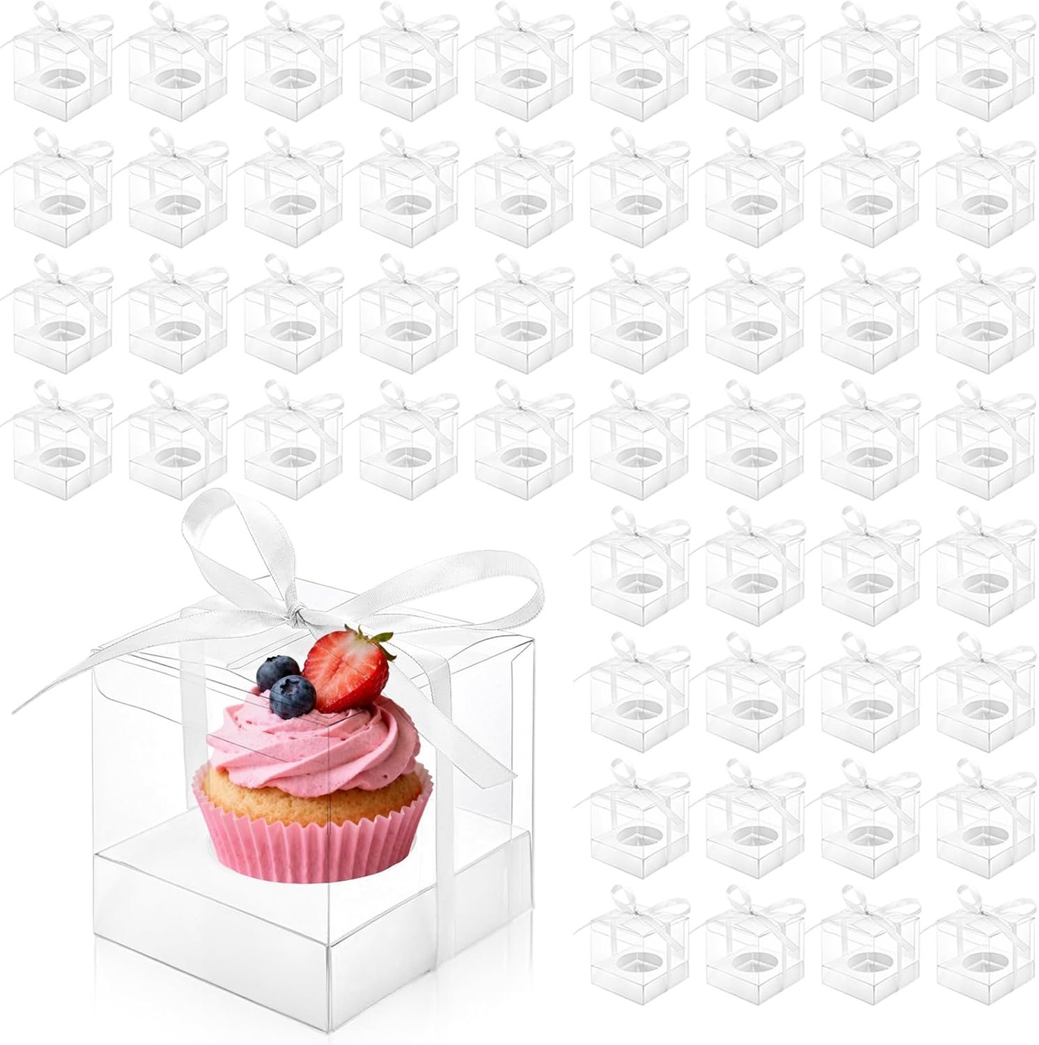 Wholesale 50 Pcs Clear 3.5 Inch Individual Plastic Cupcake Boxes with Ribbons Inserts Single Container Storage Carriers for Parties Weddings Baby Showers Ornament Candy Gifts Factory