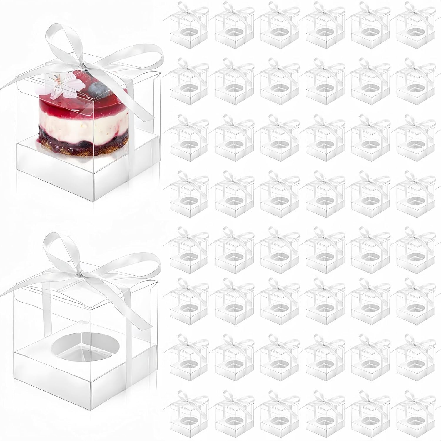 Wholesale 50 Pcs Clear 3.5 Inch Individual Plastic Cupcake Boxes with Ribbons Inserts Single Container Storage Carriers for Parties Weddings Baby Showers Ornament Candy Gifts Factory