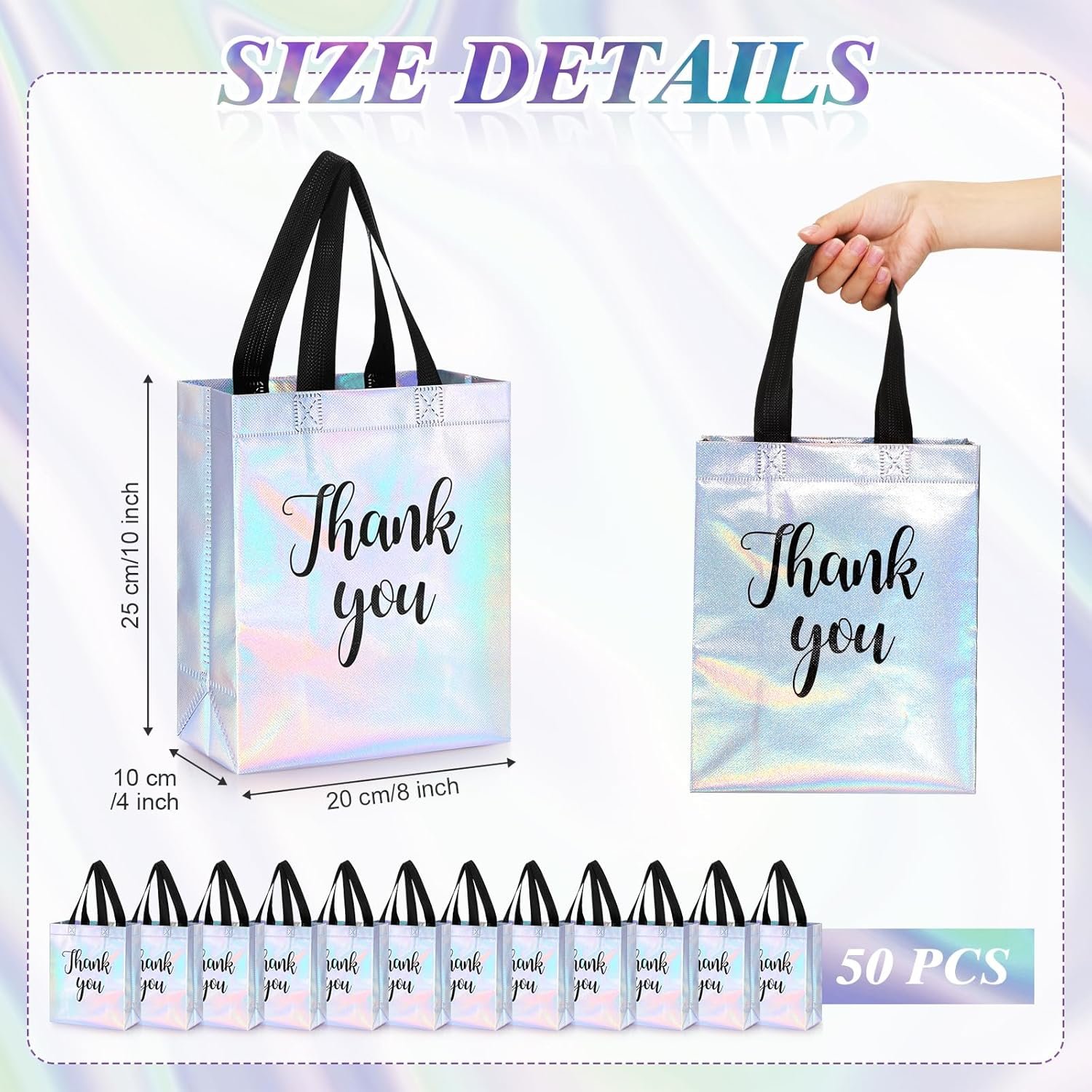 Wholesale 50 Pcs Glossy Iridescent Thank You Gift Bags with Handles 8 x 4 x 10 Inch Non Woven Reusable for Wedding Birthday Parties Engagements Anniversaries Holidays Factory
