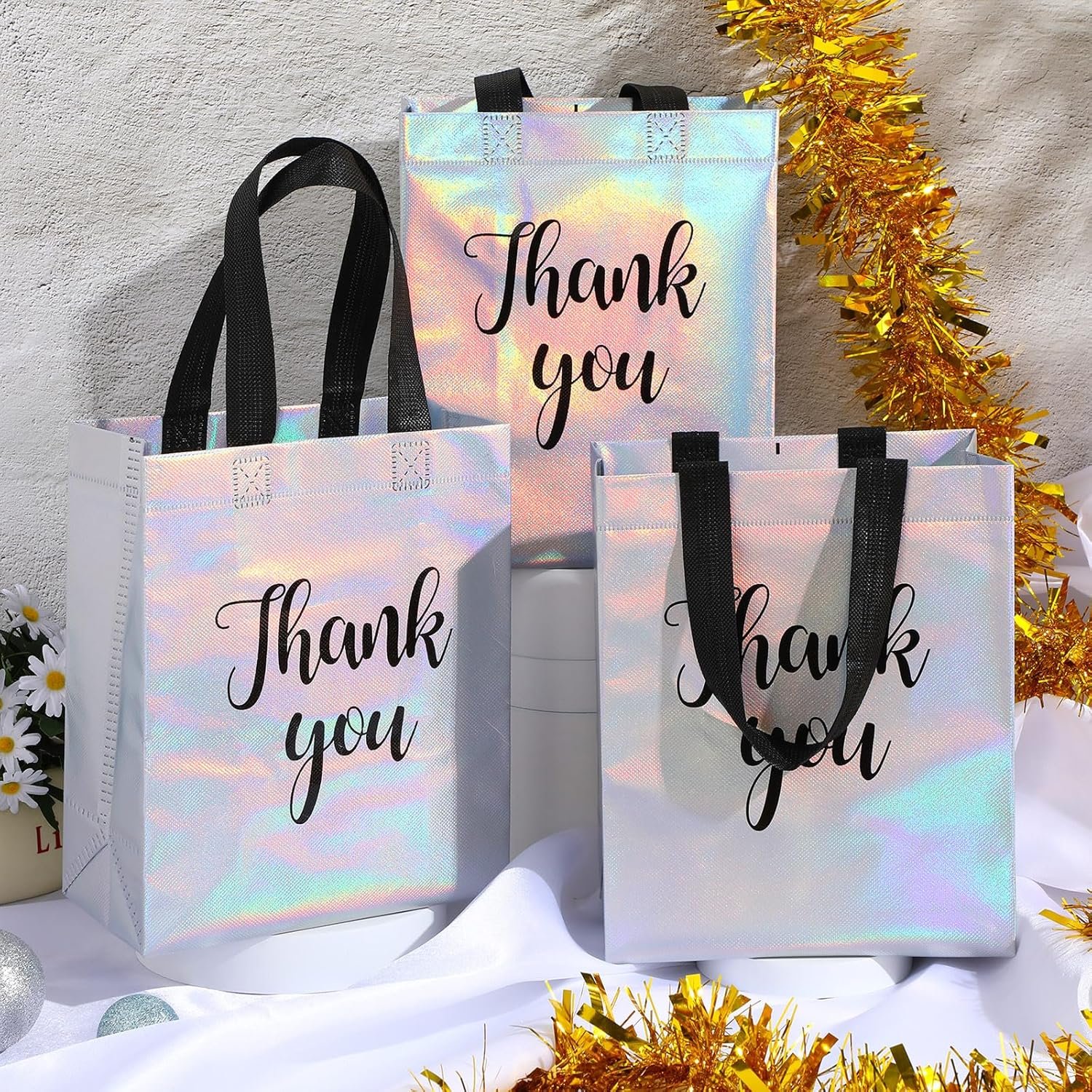 Wholesale 50 Pcs Glossy Iridescent Thank You Gift Bags with Handles 8 x 4 x 10 Inch Non Woven Reusable for Wedding Birthday Parties Engagements Anniversaries Holidays Factory