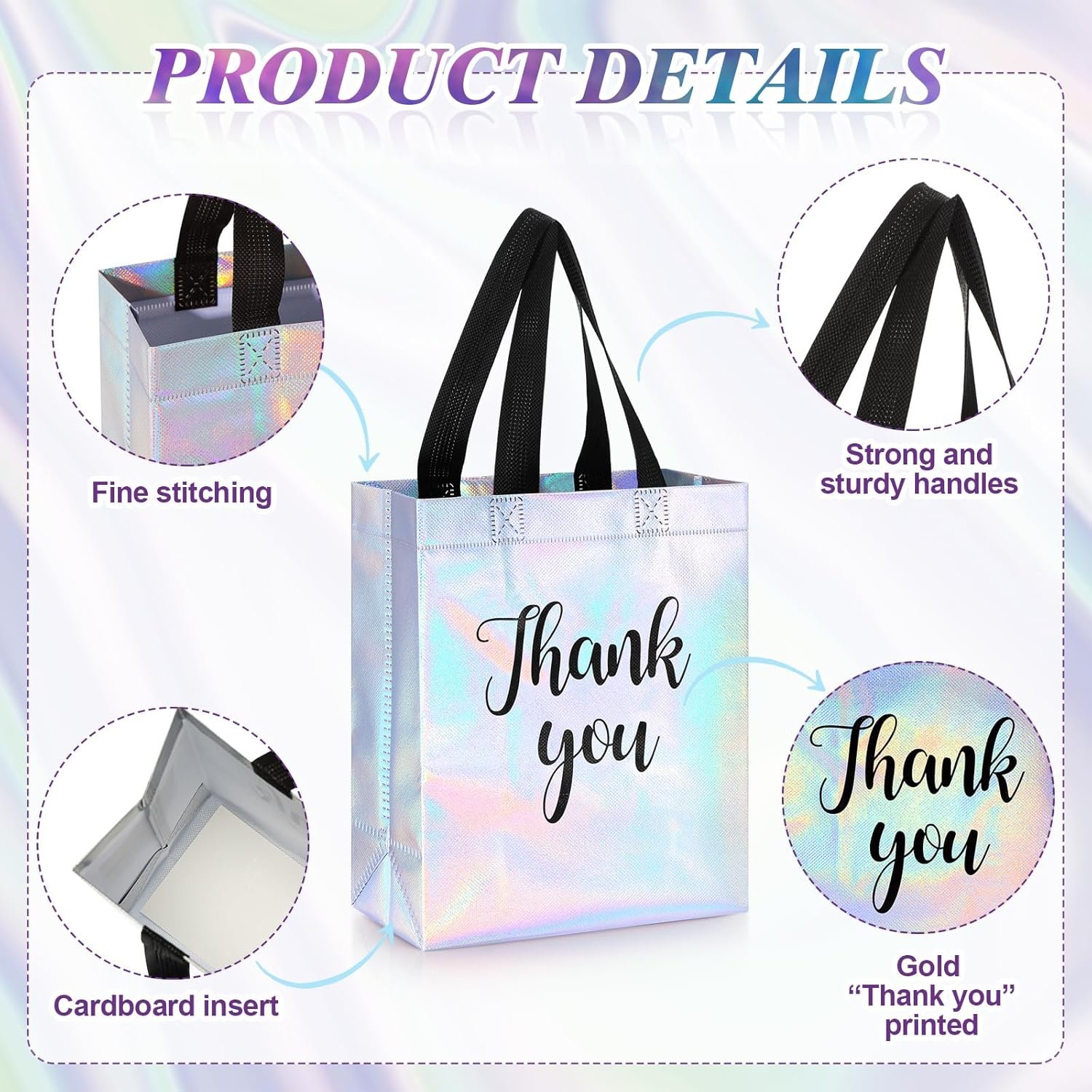 Wholesale 50 Pcs Glossy Iridescent Thank You Gift Bags with Handles 8 x 4 x 10 Inch Non Woven Reusable for Wedding Birthday Parties Engagements Anniversaries Holidays Factory