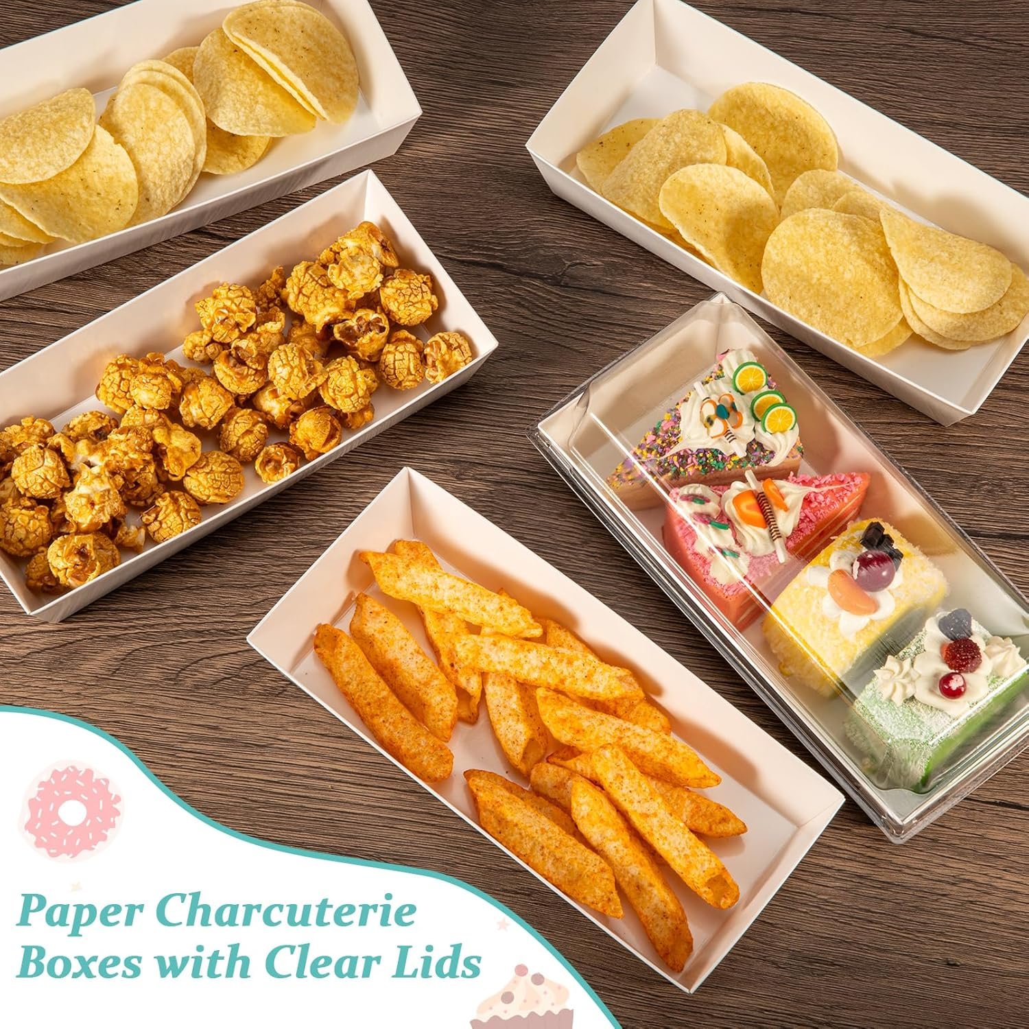 Wholesale 50 Pack Charcuterie Boxes with Clear Lids Disposable Paper Rectangle Containers for Sandwiches Desserts Strawberries Sushi Cookies White Bakery To-Go Factory