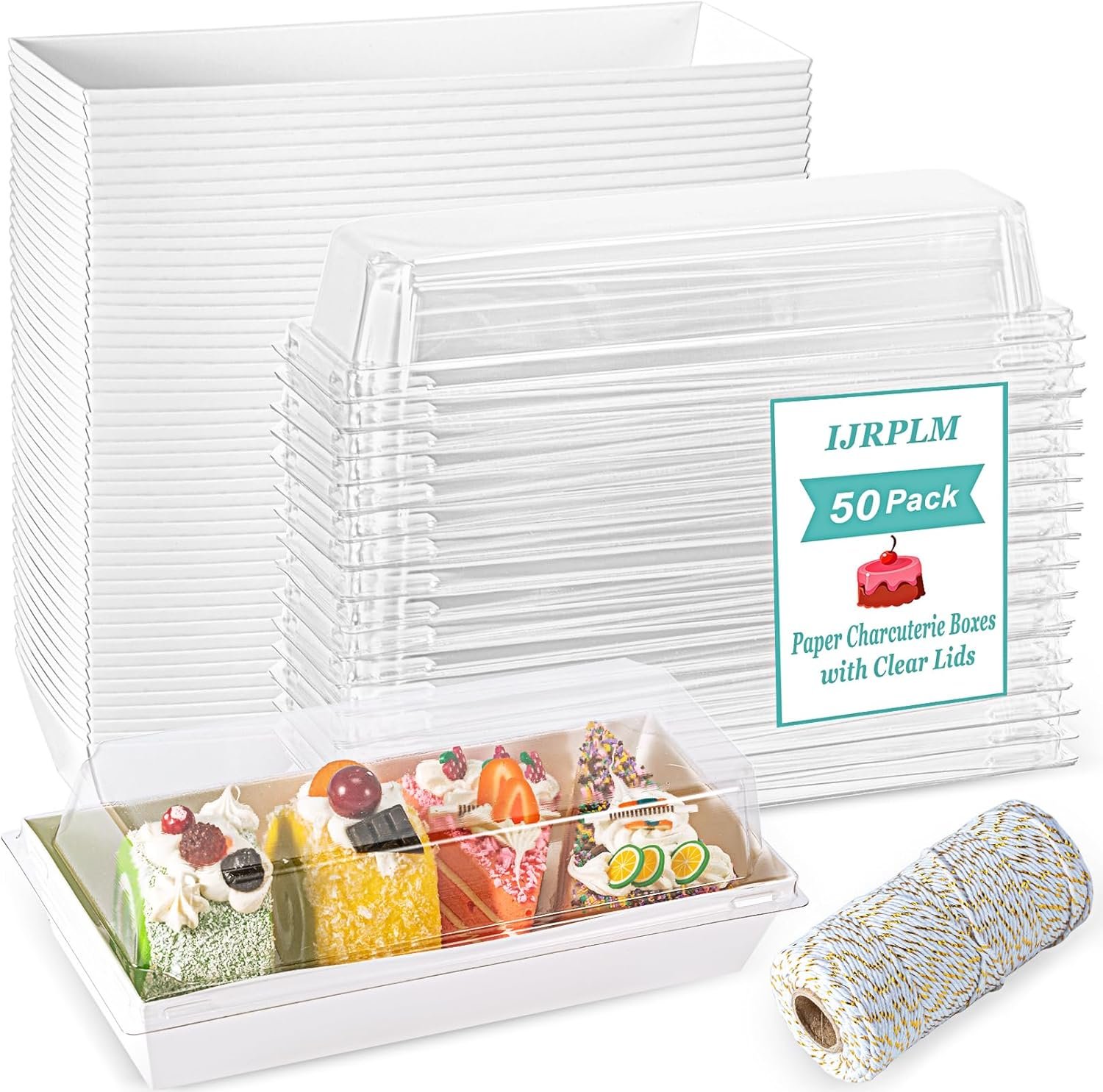 50 Pack Charcuterie Boxes with Clear Lids, Paper Charcuterie Box, Disposable Sandwich Boxes, Rectangle To Go Food Containers, White Bakery Boxes for Desserts Strawberries Sushi Cookies