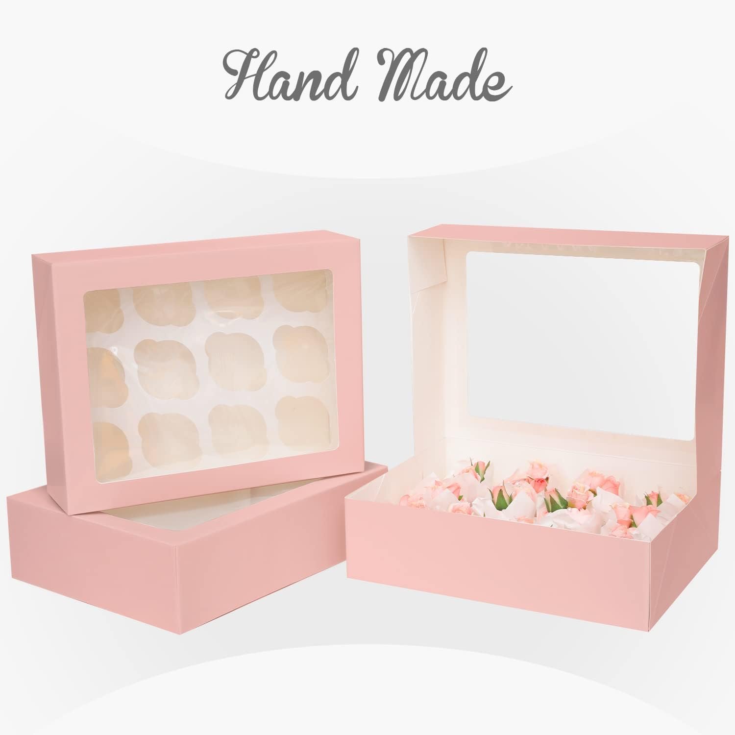 Wholesale Auto Pop-Up Cupcake Boxes with Window Pink 40 Pack 12 Count 13x10x3.5 Inch Containers Carrier Includes 2 Rolls Pink Ribbons Factory