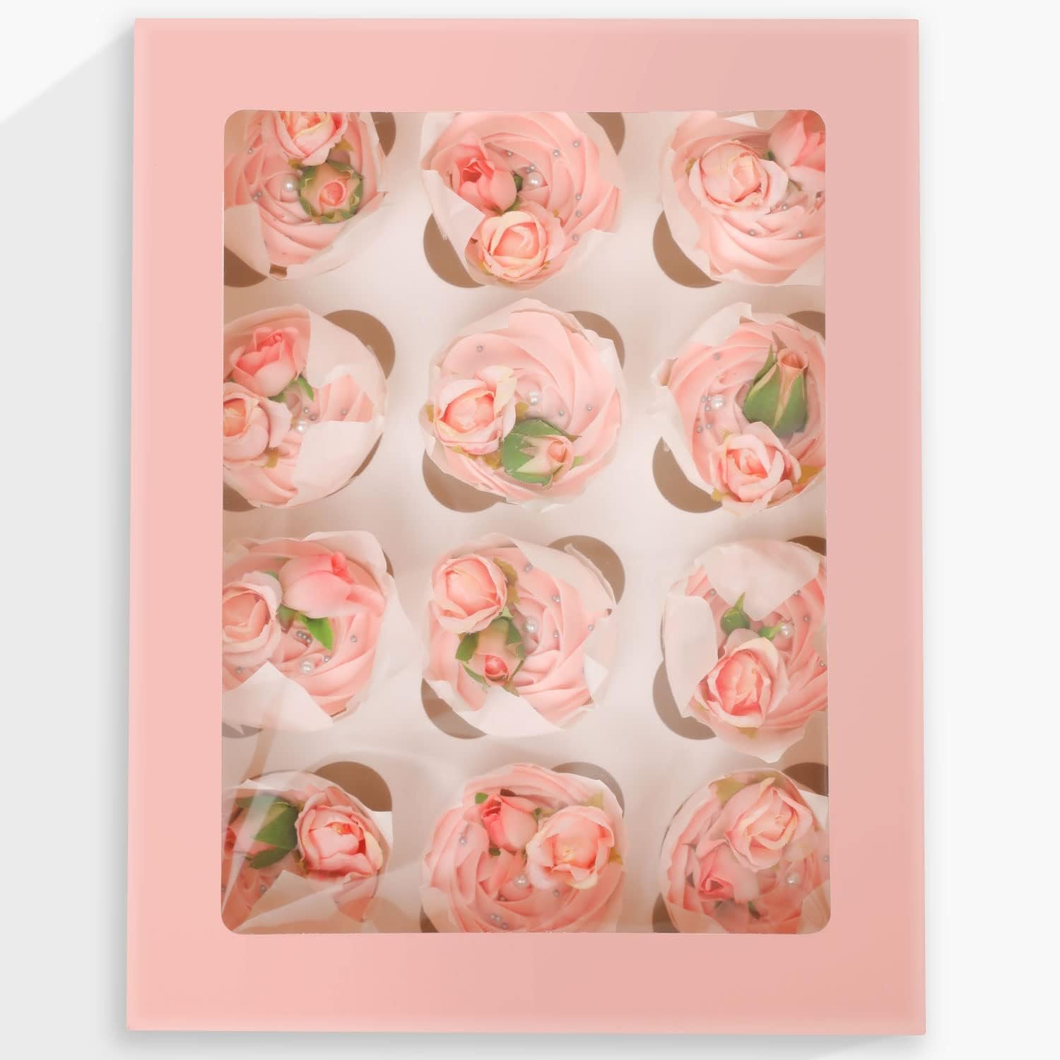 Wholesale Auto Pop-Up Cupcake Boxes with Window Pink 40 Pack 12 Count 13x10x3.5 Inch Containers Carrier Includes 2 Rolls Pink Ribbons Factory