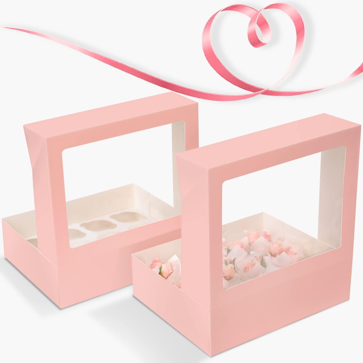 Wholesale Auto Pop-Up Cupcake Boxes with Window Pink 40 Pack 12 Count 13x10x3.5 Inch Containers Carrier Includes 2 Rolls Pink Ribbons Factory