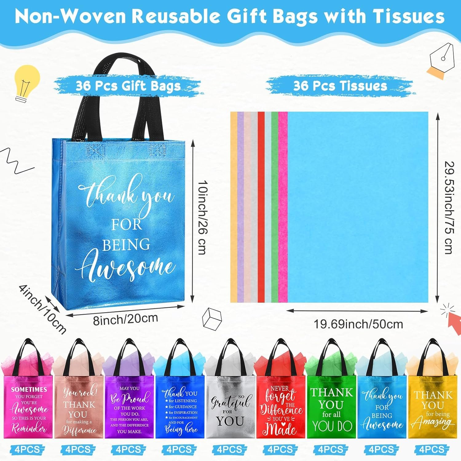 Wholesale 36 Pcs Reusable Non-Woven Employee Appreciation Gift Bags with Handles and Tissue for Team Coworker Staff 8 x 10 x 4 Inch Factory