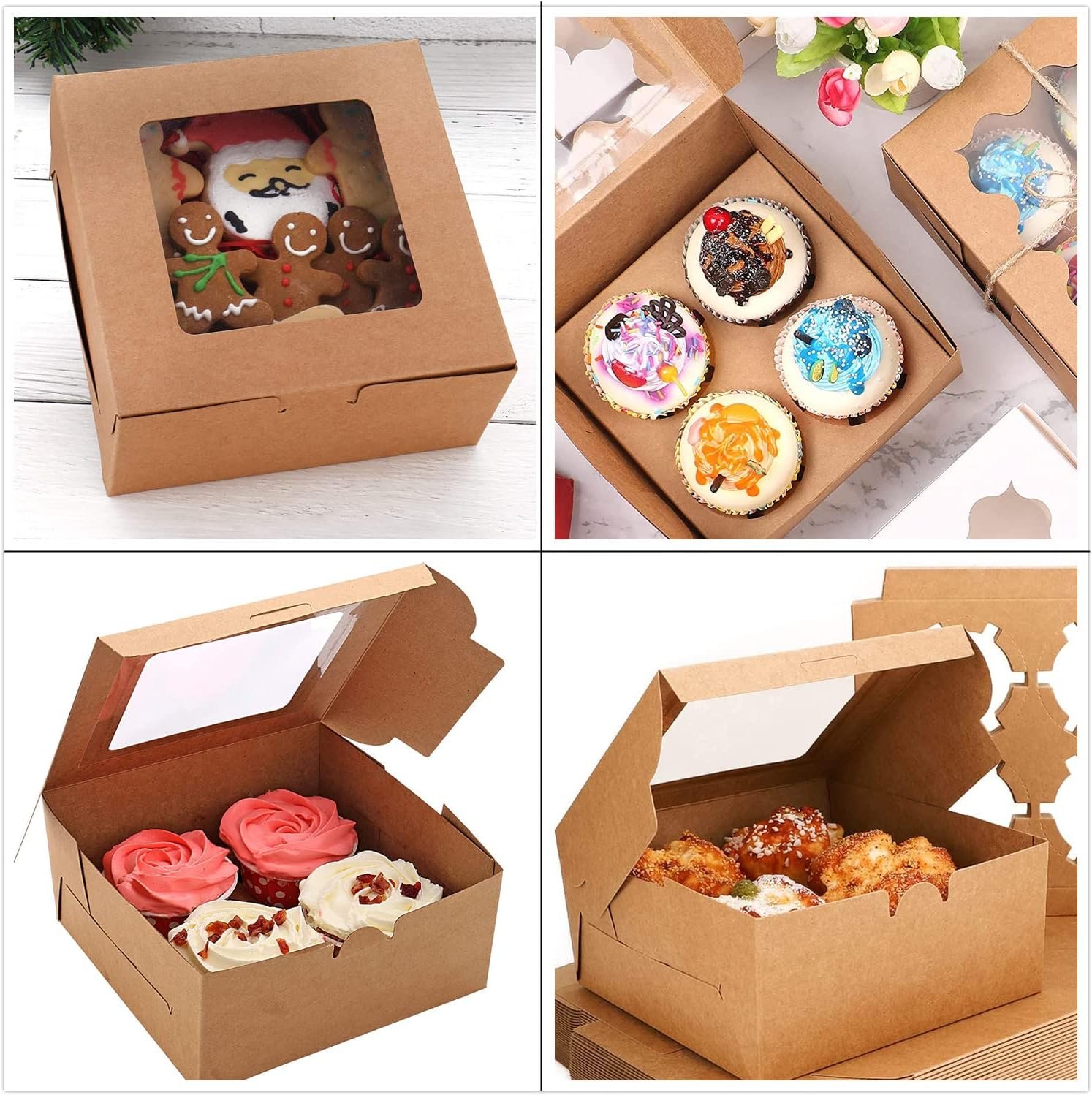 Wholesale 24-Pack 4-Count Bakery Cupcake Boxes with Window 6x6x3 Inch Cookie Cake Carriers Brown Kraft Takeout Containers for Muffins Macarons Donuts Chocolate Bombs Factory