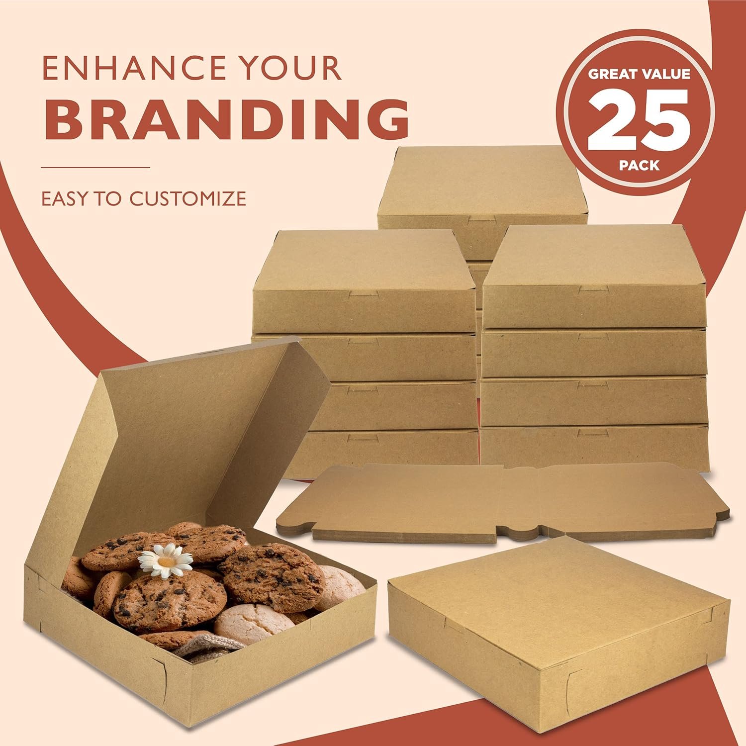 Wholesale 25 Pack 10x10x2.5 Inch Kraft Square Bakery Boxes for Cookies Cheesecakes Chocolate Covered Strawberries Desserts Brown Paper Cardboard Sweet Treats Factory