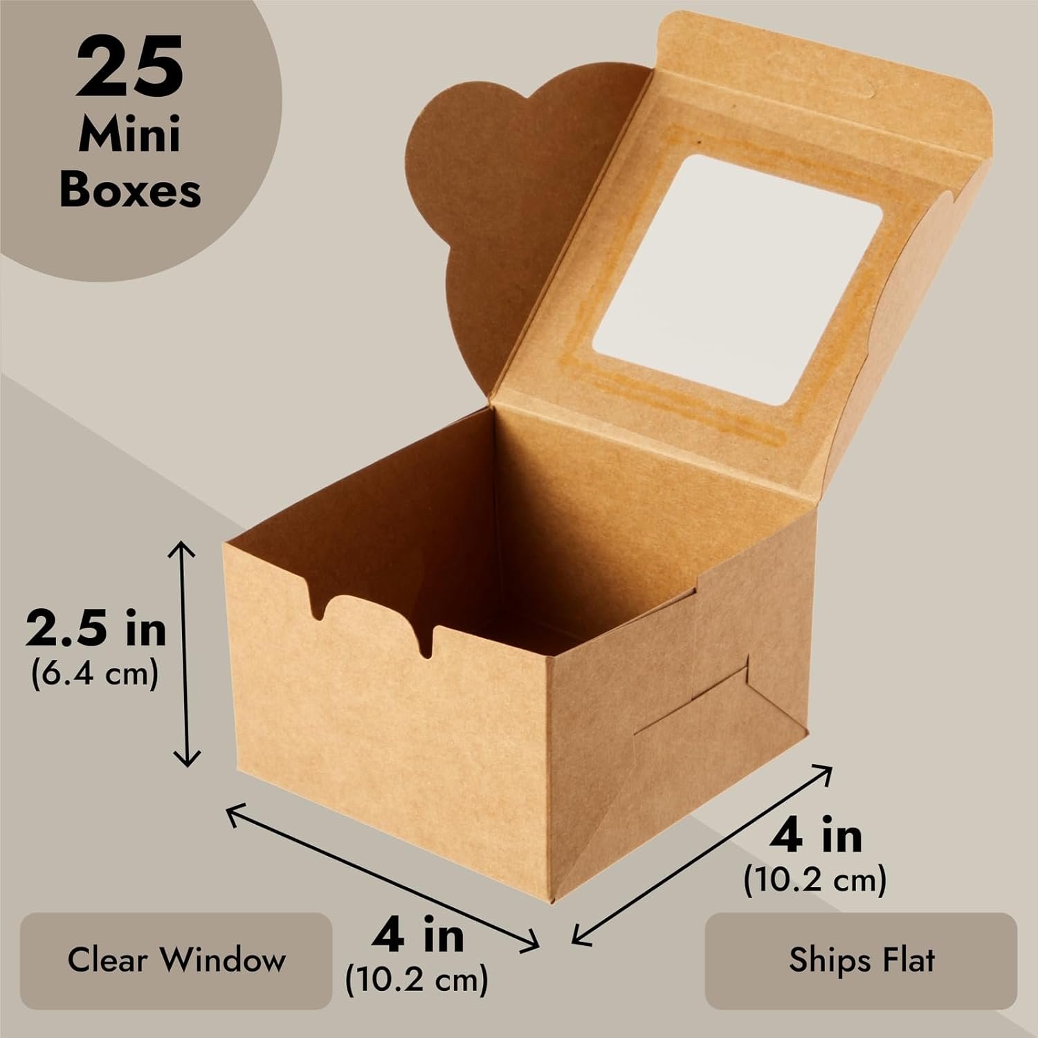 Wholesale 25-Pack Cupcake Boxes with Window 4x4x2.5 in Brown Paper Cookie Dessert Containers Lids Baked Goods Packaging Factory