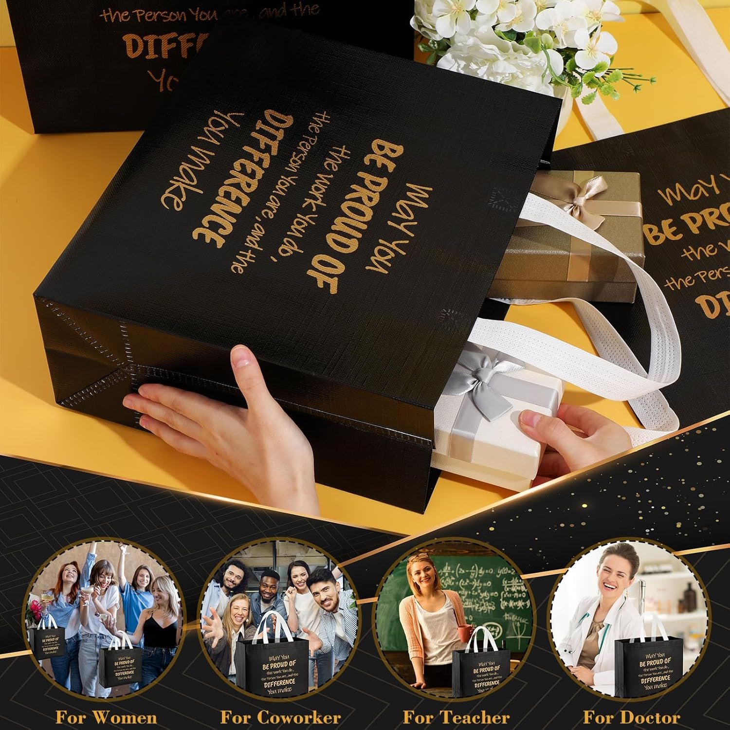 Wholesale 24 Pcs Black Glossy Non-Woven Reusable Employee Appreciation Gift Bags Bulk for Coworkers Staff Teams Bosses Teachers Members Groups Factory Wholesale 24 Pcs Black Glossy Non-Woven Reusable Employee Appreciation Gift Bags Bulk for Coworkers Staff Teams Bosses Teachers Members Groups Factory