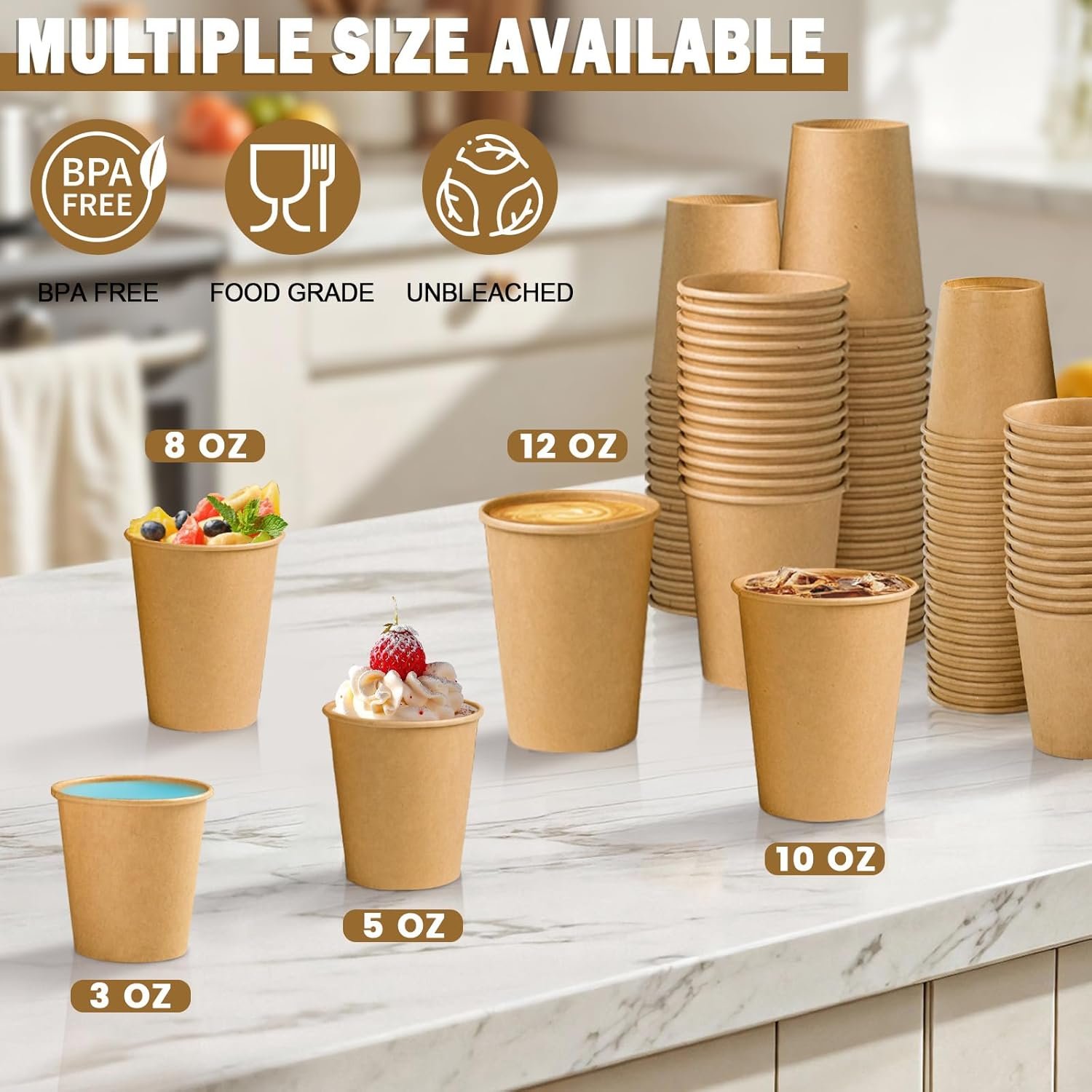 Wholesale 200 Pack 8 oz Brown Kraft Paper Cups Disposable Unbleached for Hot Cold Beverages Party Home Office Factory