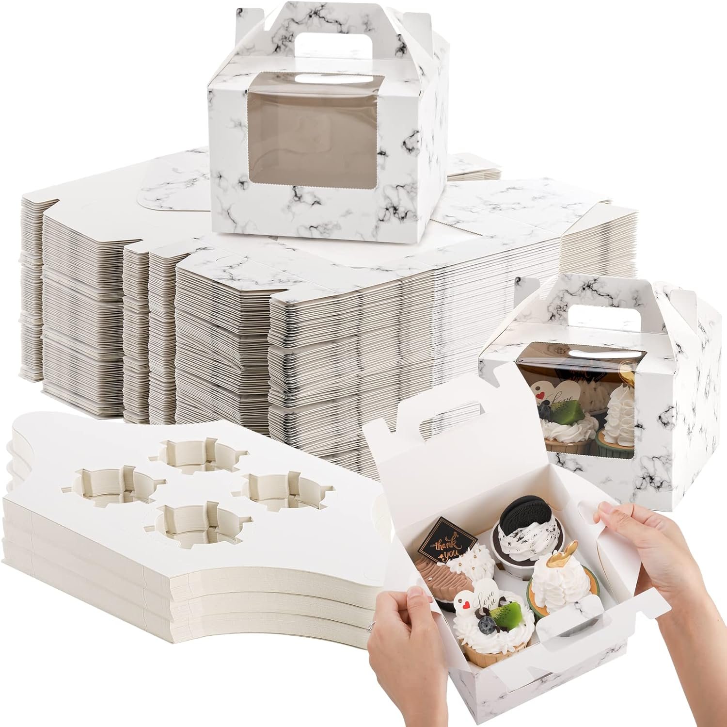 ZEAYEA 40 Pack Cupcake Boxes with Window and Handle, 4 Cavity Paper Cupcake Holder Carrier, Portable Pastry Containers, Muffins Carriers for Bakery Wrapping Party Favor Packing