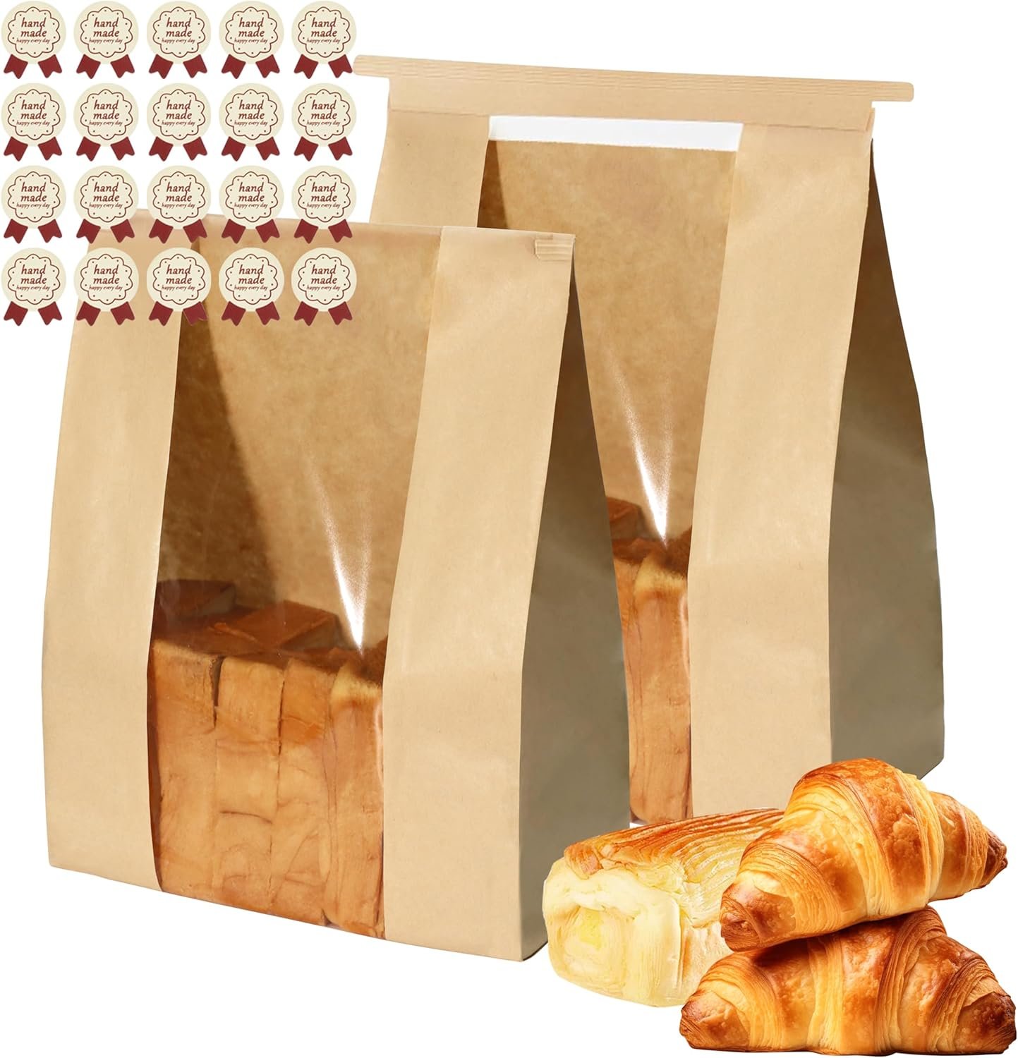 25PCS Sourdough Bread Bags for Homemade Bread Tin Tie Tab Lock Paper Large Bakery Bags with Window for Baked Food Packaging Storage Gift Giving Includes 25PCS Label Seal Stickers 13.7x8.3x3.5in