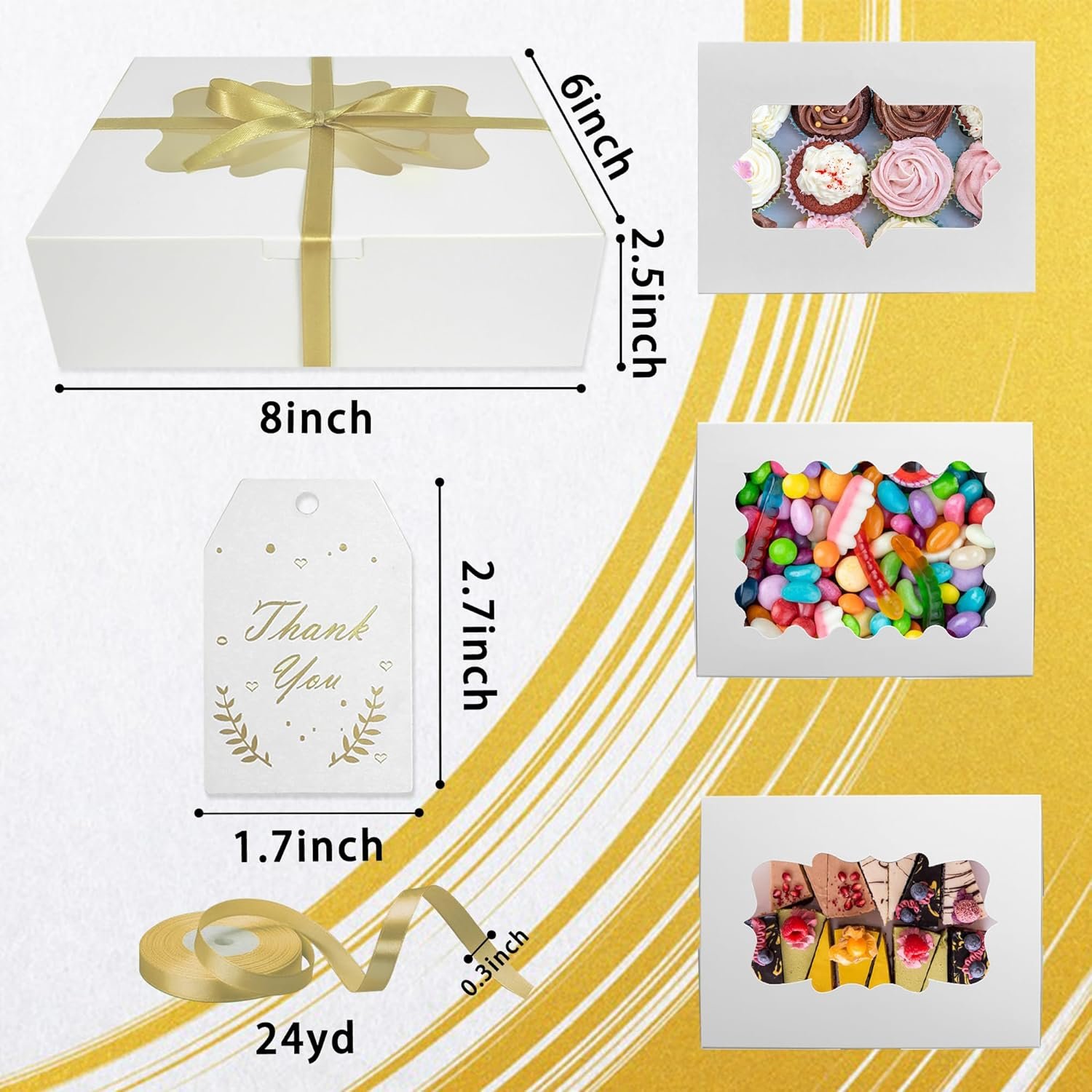 Wholesale 18-Pack 8x6x2.5 Inch Window Cookie Boxes 18 Thank You Cards 22m Gold Silk Ribbon for Chocolate Strawberries Donuts Pastries Muffins Candy Gifts Factory Wholesale 18-Pack 8x6x2.5 Inch Window Cookie Boxes 18 Thank You Cards 22m Gold Silk Ribbon for Chocolate Strawberries Donuts Pastries Muffins Candy Gifts Factory