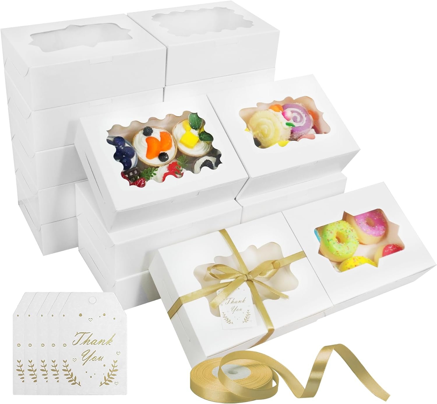 18pcs 8x6x2.5 inches Cookie Boxes with Window, 18pcs Thanks Card, 22 Meters Gold Silk Ribbon for Chocolate Covered Strawberries, Donuts, Pastries, Muffins, Candy Gift Giving