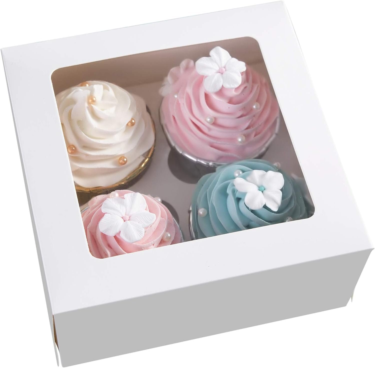ONE MORE [15pcs] White Paper Cupcake Boxes,Valentines Day Cookie Gift Boxes with Clear Window, Auto-Popup Cupcake Containers Carriers Bakery Cake Box with Insert 4 Cavity (White,15)