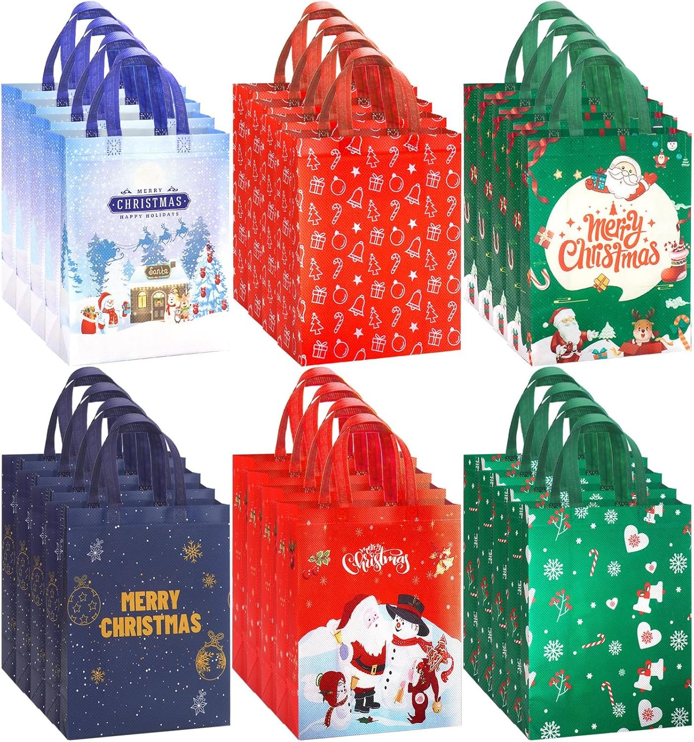 Amicably 24PCS Christmas Gift Bags with Handles, Non-Woven Large Christmas Bags for Treat Gifts Wrapping Shopping, Xmas Party Supplies, 12.2"×9.8"×4.33"