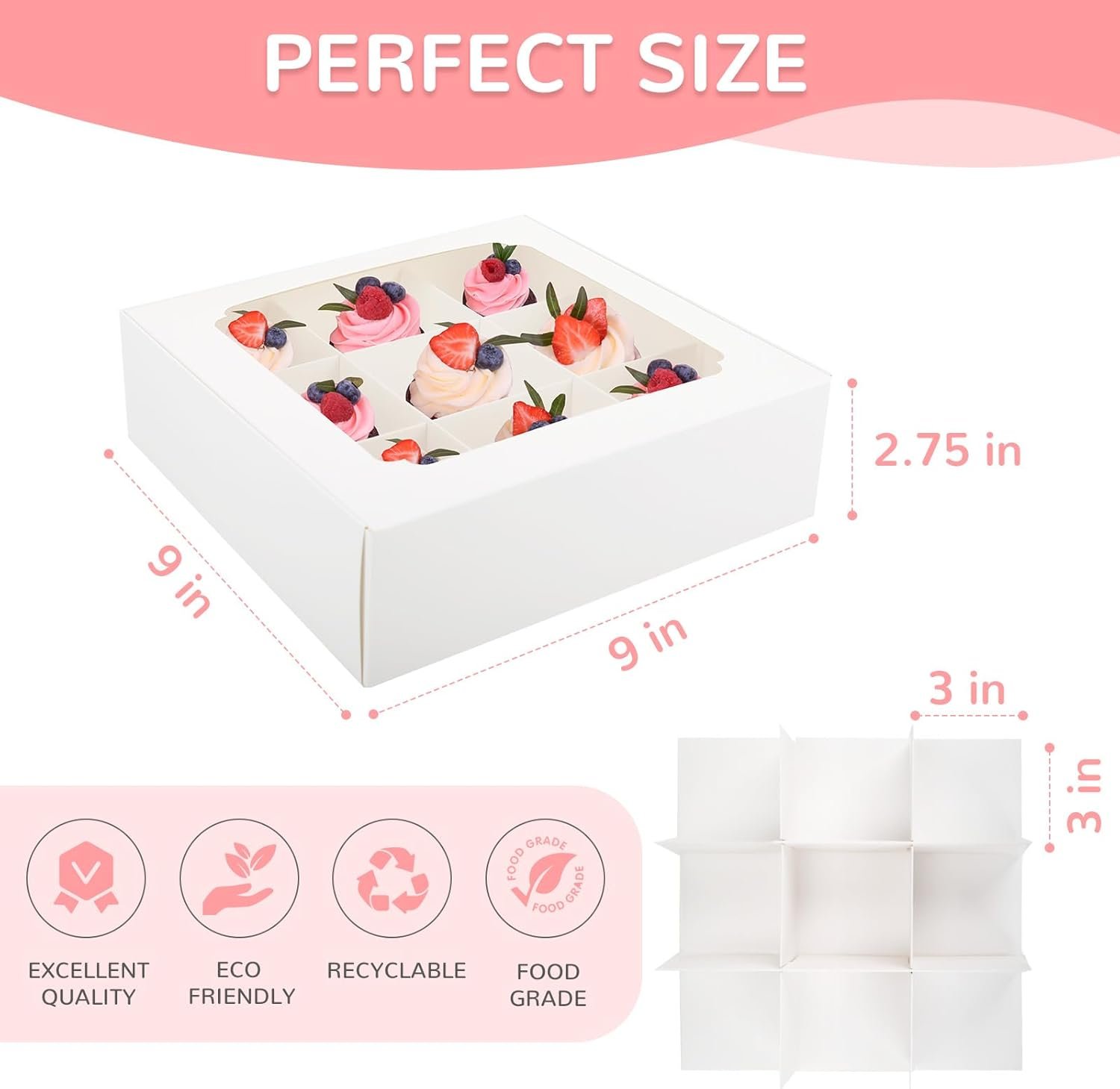 Wholesale 9x9x2.75 Inch Bakery Boxes with Window Dividers for Cookies Mini Cupcakes Chocolate Strawberries Brownies Small Treats Gift Giving Pack of 12 Factory Wholesale 9x9x2.75 Inch Bakery Boxes with Window Dividers for Cookies Mini Cupcakes Chocolate Strawberries Brownies Small Treats Gift Giving Pack of 12 Factory