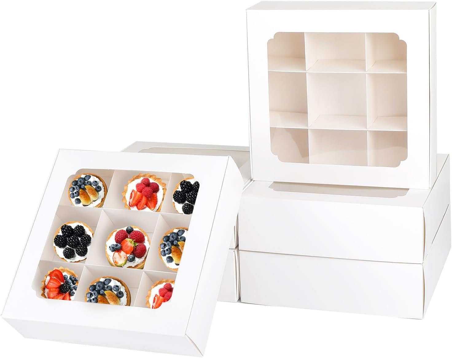 Zealax 9 Inch Bakery Boxes with Window and Dividers Cookie Packaging Treat Boxes for Mini Cupcakes, Chocolate Covered Strawberries, Brownies, and Small Treats for Gift Giving∣Pack of 12, 9x9x2.75 inch